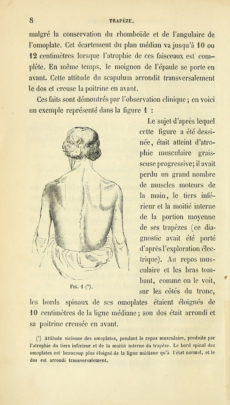 malgré la conservation du rhomboïde et de l'angulaire de l'omoplate. Cet écartement du plan médian va jusqu'à JO ou 12 centimètres lorsque l'atrophie de ces faisceaux est' com- plète. En même temps, le moignon de l'épaule se porte en avant. Cette attitude du scapulum arrondit transversalement le dos et creuse la poitrine en avant. Ces faits sont démontrés par l'observation clinique ; en voici un exemple représenté dans la figure 1 : Le sujet d'après lequel cette figure a été dessi- née, était atteint d'atro- phie musculaire grais- seuse progressive; il avait perdu un grand nombre de muscles moteurs de la main, le tiers infé- rieur et la moitié interne de la portion moyenne de ses trapèzes (ce dia- gnostic avait été porté d'après l'exploration élec- trique). Au repos mus- culaire et les bras tom- bant, comme on le voit, sur les côtés du tronc. FiG. 1 (*). les bords spinaux de ses omoplates étaient éloignés de 10 centimètres de la Hgne médiane; son dos était arrondi et sa poitrine creusée en avant. (*) Attitude vicieuse des omoplates, pendant le repos musculaire, produite par ratrophie du tiers inférieur et de la moitié interne du trapèze. Le bord spinal des omoplates est beaucoup plus éloigné de la ligne médiane qu'à l'état normal, et le dos est arrondi transversalement.