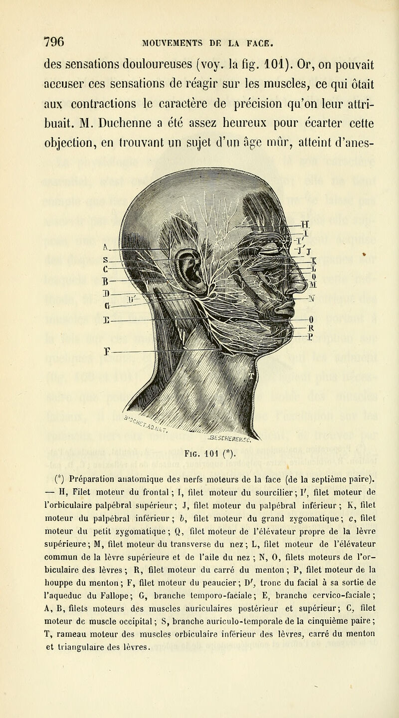 des sensations douloureuses (voy. la fig. 101). Or, on pouvait accuser ces sensations de réagir sur les muscles, ce qui ôtait aux contractions le caractère de précision qu'on leur attri- buait. M. Duchenne a été assez heureux pour écarter cette objection, en trouvant un sujet d'un âge mûr, atteint d'anes- FiG. 101 (*). (*) Préparation aiiatomique des nerfs moteurs de la face (de la septième paire). — H, Filet moteur du frontal; I, iilet moteur du sourciller; I', filet moteur de l'orbiculaire palpébral supérieur; J, filet moteur du palpébral inférieur; K, filet moteur du palpébral inférieur; b, filet moteur du grand zygomatique; c, filet moteur du petit zygomatique; Q, filet moteur de Félévateur propre de la lèvre supérieure; M, filet moteur du transverse du nez; L, filet moteur de Félévateur commun de la lèvre supérieure et de l'aile du nez ; N, 0, filets moteurs de For- biculaire des lèvres ; R, filet moteur du carré du menton ; P, filet moteur de la houppe du menton; F, filet moteur du peaucier; D'^ tronc du facial à sa sortie de Faqueduc du Fallope; G, branche temporo-faciale; E, branche cervico-faciale ; A, B, filets moteurs des muscles auriculaires postérieur et supérieur; C, filet moteur de muscle occipital ; S, branche auriculo-temporale de la cinquième paire ; T, rameau moteur des muscles orbiculaire inférieur des lèvres, carré du menton et triangulaire des lèvres.