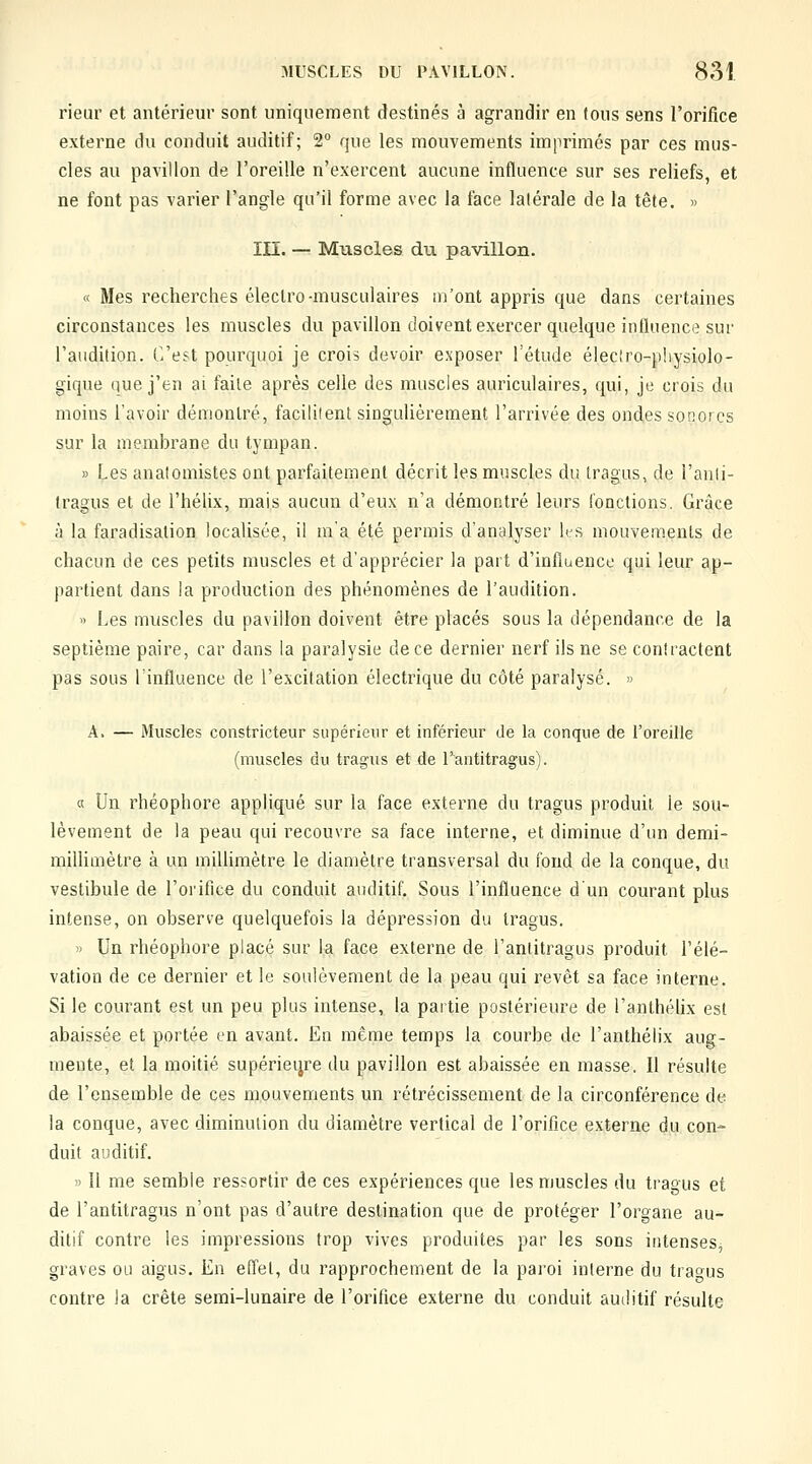 rieur et antérieur sont imiquement destinés à agrandir en (oiis sens l'orifice externe du conduit auditif; 2° que les mouvements imprimés par ces mus- cles au pavillon de l'oreille n'exercent aucune influence sur ses reliefs, et ne font pas varier l'angle qu'il forme avec la face latérale de la tête. >> m. — Muscles du pavillon. « Mes recherches électro-musculaires m'ont appris que dans certaines circonstances les muscles du pavillon doivent exercer quelque influence sur l'audition. C'est pourquoi je crois devoir exposer l'étude éleclro-pliysiolo- gique que j'en ai faite après celle des muscles auriculaires, qui, je crois du moins l'avoir démontré, facilitent singulièrement l'arrivée des ondes sonores sur la membrane du tympan. » tes analomistes ont parfaitement décrit les muscles du tragus, de l'aiiii- tragus et de l'hélix, mais aucun d'eux n'a démontré leurs fonctions. Grâce à la faradisation localisée, il m'a été permis d'analyser les mouvements de chacun de ces petits muscles et d'apprécier la part d'influence qui leur ap- partient dans la production des phénomènes de l'audition. » Les muscles du pavillon doivent être placés sous la dépendance de la septième paire, car dans la paralysie de ce dernier nerf ils ne se contractent pas sous l'influence de l'excitation électrique du côté paralysé. » A. — Muscles constricteur supérieur et inférieur de la conque de l'oreille (muscles du tragus et de l'antitragus). a Un rhéophore appliqué sur la face externe du tragus produit le sou- lèvement de la peau qui recouvre sa face interne, et diminue d'un demi- milHmètre à un millimètre le diamètre transversal du fond de la conque, du vestibule de l'orifice du conduit auditif. Sous l'influence d un courant plus intense, on observe quelquefois la dépression du tragus. » Un rhéophore placé sur la. face externe de l'antitragus produit l'élé- vation de ce dernier et le soulèvement de la peau qui revêt sa face interne. Si le courant est un peu plus intense, la partie postérieure de l'anthéhx est abaissée et portée en avant. En même temps la courbe de l'anthélix aug- mente, et la moitié supérieure du pavillon est abaissée en masse. Il résulte de l'ensemble de ces mouvements un rétrécissement de la circonférence de la conque, avec diminution du diamètre vertical de l'orifice externe du con- duit auditif. » Il me semble ressortir de ces expériences que les muscles du tragus et de l'antitragus n'ont pas d'autre destination que de protéger l'organe au- ditif contre les impressions trop vives produites par les sons intenses, graves ou aigus. En effel, du rapprochement de la paroi interne du tragus contre la crête semi-lunaire de l'orifice externe du conduit auditif résulte