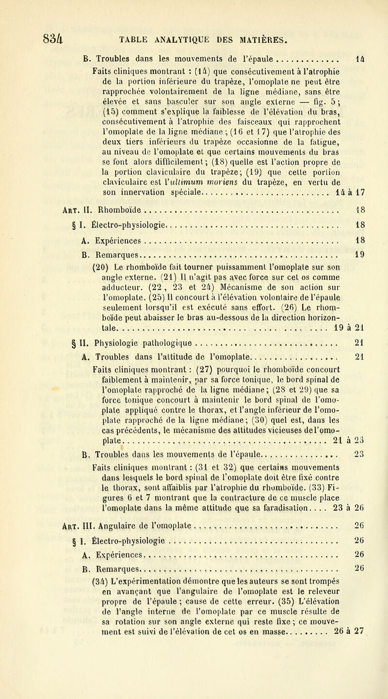 B. Troubles dans les mouvements de l'épaule 14 Faits cliniques montrant : (14) que consécutivement à l'atrophie de la portion inférieure du trapèze, l'omoplate ne peut être rapprochée volontairement de la ligne médiane, sans être élevée et sans basculer sur son angle externe — fig. 5 ; (15) comment s'explique la faiblesse de l'élévation du bras, consécutivement à l'atrophie des faisceaux qui rapprochent l'omoplate de la ligne médiane ; (16 et 17) que l'atrophie des deux tiers inférieurs du trapèze occasionne de la fatigue, au niveau de l'omoplate et que certains mouvements du bras se font alors difficilement; (18) quelle est l'action propre de la portion claviculaire du trapèze; (19) que celte portion claviculaire est Vullimum moriens du trapèze, en vertu de son innervation spéciale 14àl7 Art. II. Rhomboïde 18 § I. Électro-physiologie 18 A. Expériences 18 B. Remarques..... 19 (20) Le rhomboïde fait tourner puissamment l'omoplate sur son angle externe. (21) Il n'agit pas avec force sur cet os comme adducteur. (22, 23 et 24) Mécanisme de son action sur l'omoplate. (25) Il concourt à l'élévation volontaire de l'épaule seulement lorsqu'il est exécuté sans effort. (26) Le rhom- boïde peut abaisser le bras au-dessous de la direction horizon- tale 19 à 21 § II. Physiologie pathologique 21 A. Troubles dans l'attitude de l'omoplate 21 Faits cliniques montrant : (27) pourquoi le rhomboïde concourt faiblement à maintenir, par sa force tonique, le bord spinal de l'omoplate rapproché de la ligne médiane; (28 et 29) que sa force tonique concourt à maintenir le bord spinal de l'omo- plate appliqué contre le thorax, et l'angle inférieur de l'omo- plate rapproché de la ligne médiane; (30) quel est, dans les cas précédents, le mécanisme des attitudes vicieuses del'omo- plate 21 à 23 B. Troubles dans les mouvements de l'épaule 23 Faits cliniques montrant : (31 et 32) que certains mouvements dans lesquels le bord spinal de l'omoplate doit être fixé contre le thorax, sont aftaibUs par l'atrophie du rhomboïde. (33) Fi- gures 6 et 7 montrant que la contracture de ce muscle place l'omoplate dans la même attitude que sa faradisation. ... 23 à 26 Art. III. Angulaire de l'omoplate 26 § I. Électro-physiologie 26 A. Expériences 26 B. Remarques 26 (34) L'expérimentation démontre que les auteurs se sont trompés en avançant que l'angulaire de l'omoplate est le releveur propre de l'épaule ; cause de cette erreur. (35) L'élévation de l'angle interne de l'omoplate par ce muscle résulte de sa rotation sur son angle externe qui reste fixe ; ce mouve- ment est suivi de l'élévation de cet os en masse 26 à 27