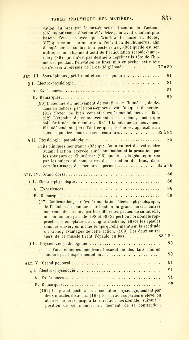 vation du bras par le sus-épineux et son mode d'action , (86) sa puissance d'action élévatrice, qui avait d'autant plus besoin d'être prouvée que Winslow l'a mise en doute; (87) que ce muscle importe à l'élévation de l'humérus, afin d'empêcher sa sublu\ation postérieure ; (88) quelle est son utilité, comme ligament actif de l'articulation scapulo-humé- rale ; (89) qu'il n'est pas destiné à déprimer la tête de l'hu- mérus, pendant l'élévation du bras, ni à empêcher cette tête de s'élever au-dessus de la cavité glénoïde 77 à 80 Art. III. Sous-épineux, petit rond et sous-scapulaire 81 § I. Électro-physiologie 81 A. Expériences 81 B. Remarques 82 (90) L'étendue du mouvement de rotation de l'humérus, de de- dans en dehors, par le sous-épineux, est d'un quart de cercle. (91) Moyen de bien constater expérimentalement ce fait. (92) L'étendue de ce mouvement est la même, quelle que soit l'attitude du membre. (93) 11 fallait que ce mouvement fût indépendant. (94) Tout ce qui précède est applicable au sous-scapulaire, mais en sens contraire 82 à 84 § II. Physiologie pathologique 84 Faits cliniques montrant : (95) que l'on a eu tort de restreindre autant l'action exercée sur la supination et la pronation par les rotateurs de l'humérus; (96) quelle est la gêne éprouvée par les sujets qui sont privés de la rotation du bras, dans certains usages du membre supérieur 84 à 86 Art. IV. Grand dorsal 86 § I. Électro-physiologie 86 A. Expériences 86 B. Remarques 88 (97) Confirmation, par l'expérimentation électro-physiologique, de l'opinion des auteurs sur l'action du grand dorsal; autres mouvements produits par les différentes parties de ce muscle, mis en lumière par elle. (98 et 99) Sa portion horizontale rap- proche les omoplates de la ligne médiane, efface les épaules sans les élever, en même temps qu'elle maintient la rectitude du tronc; avantages de cette action, (100) Les deux autres tiers de ce muscle tirent l'épaule en bas 88 à 89 § II. Physiologie pathologique . 90 (101) Faits cliniques montrant l'exactitude des faits mis en lumière par l'expérimentation... . .. , 90 Art. V. Grand pectoral 91 § I. Électro-physiologie 91 A. Expériences 91 E. Remarques 92 (102) Le grand pectoral est constitué physiologiquement par deux muscles distincts. (103) Sa portion supérieure élève ou abaisse le bras jusqu'à la direction horizontale, suivant la position de ce membre au moment de sa contraction.