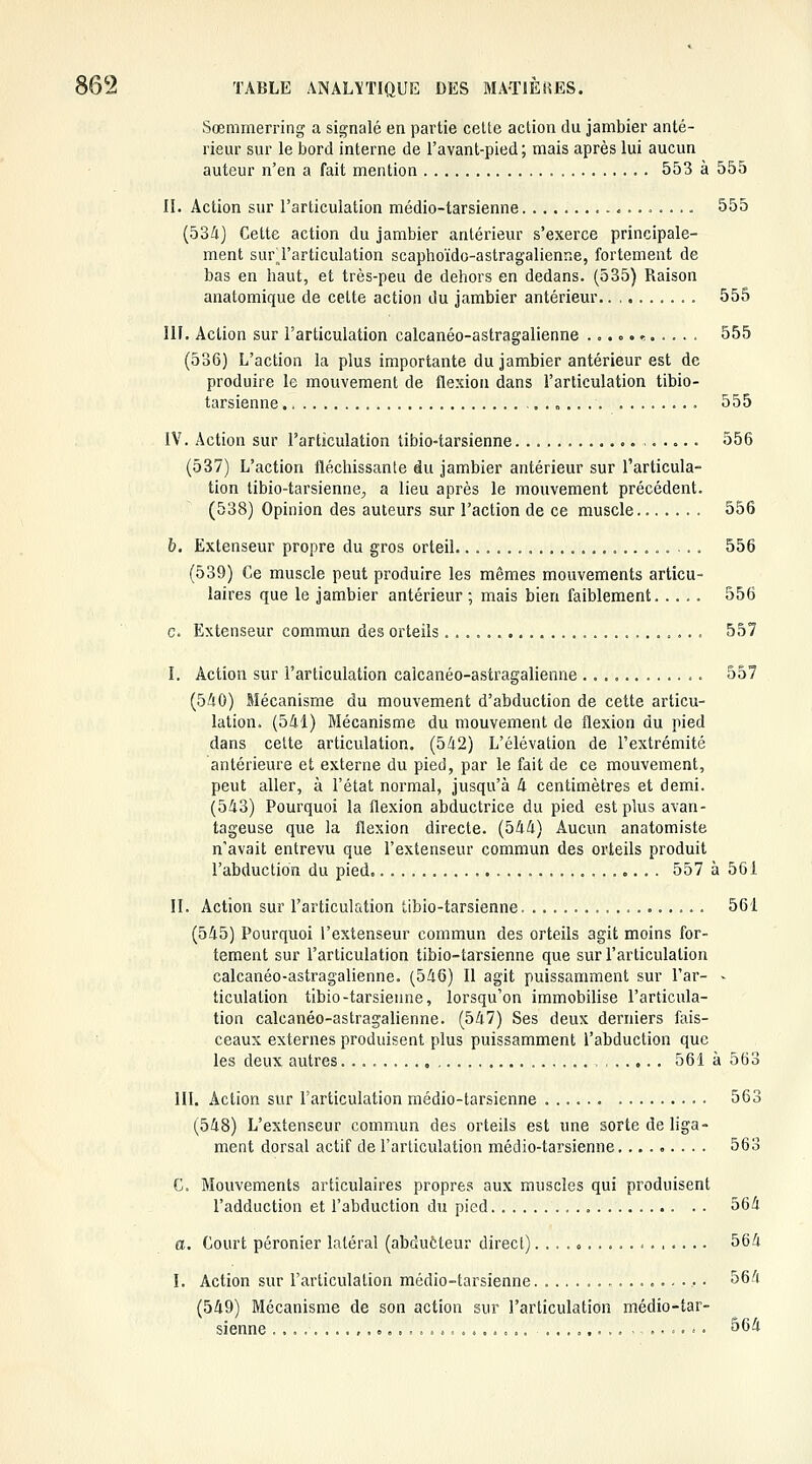 Sœtnrnerring a signalé en partie celte action du jambier anté- rieur sur le bord interne de l'avant-pied ; mais après lui aucun auteur n'en a fait mention 553 à 555 II. Action sur l'articulation médio-tarsienne 555 (SSi) Cette action du jambier antérieur s'exerce principale- ment surl'articulation scaphoïdo-astrag'alienne, fortement de bas en haut, et très-peu de dehors en dedans. (535) Raison anatoniique de cette action du jambier antérieur.. , 555 m. Action sur l'articulation calcanéo-astragalienne ............ 555 (536) L'action la plus importante du jambier antérieur est de produire le mouvement de flexion dans l'articulation tibio- tarsienne 555 IV. Action sur l'articulation tibio-tarsienne 556 (537) L'action fléchissante du jambier antérieur sur l'articula- tion tibio-tarsienne^, a lieu après le mouvement précédent. (538) Opinion des auteurs sur l'action de ce muscle....... 556 b. Extenseur propre du gros orteil....................... 556 (539) Ce muscle peut produire les mêmes mouvements articu- laires que le jambier antérieur ; mais bien faiblement 556 c. Extenseur commun des orteils 557 I. Action sur l'articulation calcanéo-astragalienne 557 (5àO) Mécanisme du mouvement d'abduction de cette articu- lation. (541) Mécanisme du mouvement de flexion du pied dans cette articulation. (542) L'élévation de l'extrémité antérieure et externe du pied, par le fait de ce mouvement, peut aller, à l'état normal, jusqu'à 4 centimètres et demi. (543) Pourquoi la flexion abductrice du pied est plus avan- tageuse que la flexion directe. (544) Aucun anatomiste n'avait entrevu que l'extenseur commun des orteils produit l'abduction du pied 557 à 561 II. Action sur l'articulation tibio-tarsienne 561 (545) Pourquoi l'extenseur commun des orteils agit moins for- tement sur l'articulation tibio-tarsienne que sur l'articulation calcanéo-astragalienne. (546) Il agit puissamment sur l'ar- - ticulation tibio-tarsienne, lorsqu'on immobilise l'articula- tion calcanéo-astragalienne. (547) Ses deux derniers fais- ceaux externes produisent plus puissamment l'abduction que les deux autres 561 à 563 III. Action sur l'articulation médio-tarsienne 563 (548) L'extenseur commun des orteils est une sorte de liga- ment dorsal actif de l'articulation médio-tarsienne 563 C. Mouvements articulaires propres aux muscles qui produisent l'adduction et l'abduction du pied 564 a. Court péronier latéral (abduèteur direct). . . . o 564 I. Action sur l'articulation médio-tarsienne 564 (549) Mécanisme de son action sur l'articulation médio-tar- sienne . . 564