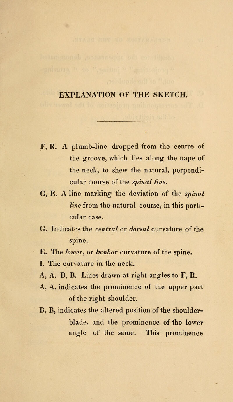 EXPLANATION OF THE SKETCH. F, R, A plumb-line dropped from the centre of the groove, which lies along the nape of the neck, to shew the natural, perpendi- cular course of the spinal line. G, E. A line marking the deviation of the spinal line from the natural course, in this parti- cular case. G. Indicates the central or dorsal curvature of the spine. E. The lower, or lumbar curvature of the spine. I. The curvature in the neck. A, A. B, B. Lines drawn at right angles to F, R. A, A, indicates the prominence of the upper part of the right shoulder. B, B, indicates the altered position of the shoulder- blade, and the prominence of the lower angle of the same. This prominence