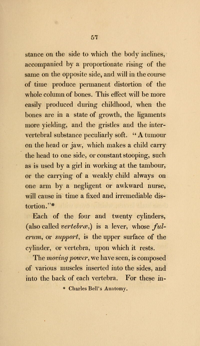 stance on the side to which the body inchnes, accompanied by a proportionate rising of the same on the opposite side, and will in the course of time produce permanent distortion of the whole column of bones. This effect will be more easily produced during childhood, when the bones are in a state of growth, the ligaments more yielding, and the gristles and the inter- vertebral substance peculiarly soft. '* A tumour on the head or jaw, which makes a child carry the head to one side, or constant stooping, such as is used by a girl in working at the tambour, or the carrying of a weakly child always on one arm by a negligent or awkward nurse, will cause in time a fixed and irremediable dis- tortion.* Each of the four and twenty cylinders, (also called vertehrcB^) is a lever, whose ful- crum, or support, is the upper surface of the cylinder, or vertebra, upon which it rests. The moving power, we have seen, is composed of various muscles inserted into the sides, and into the back of each vertebra. For these in- * Charles Bell's Anatomy.