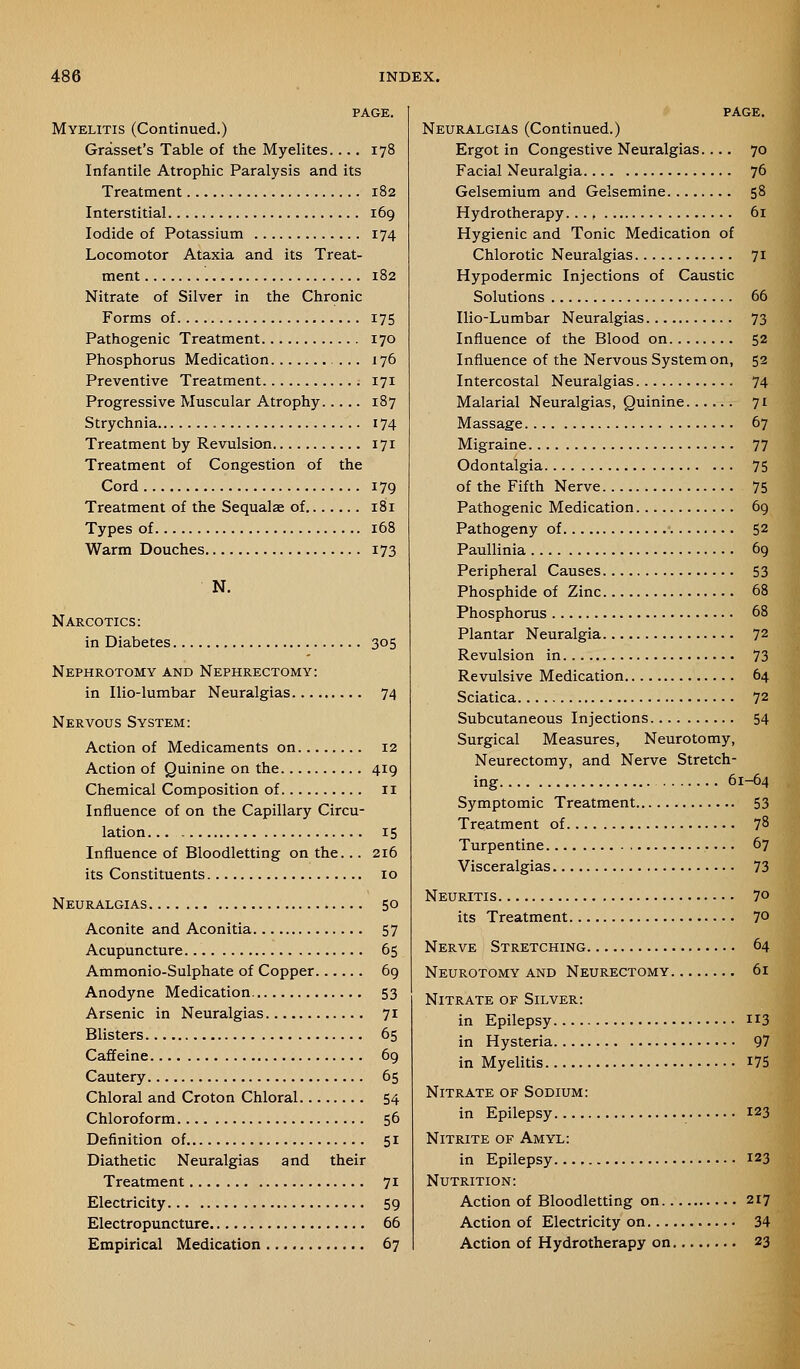PAGE. Myelitis (Continued.) Grasset's Table of the Myelites.... 178 Infantile Atrophic Paralysis and its Treatment 182 Interstitial 169 Iodide of Potassium 174 Locomotor Ataxia and its Treat- ment 182 Nitrate of Silver in the Chronic Forms of 175 Pathogenic Treatment 170 Phosphorus Medication 176 Preventive Treatment 171 Progressive Muscular Atrophy 187 Strychnia 174 Treatment by Revulsion 171 Treatment of Congestion of the Cord 179 Treatment of the Sequalae of 181 Types of 168 Warm Douches 173 N. Narcotics: in Diabetes 305 Nephrotomy and Nephrectomy: in Ilio-lumbar Neuralgias 74 Nervous System: Action of Medicaments on 12 Action of Quinine on the 419 Chemical Composition of 11 Influence of on the Capillary Circu- lation 15 Influence of Bloodletting on the... 216 its Constituents 10 Neuralgias 50 Aconite and Aconitia 57 Acupuncture 65 Ammonio-Sulphate of Copper 69 Anodyne Medication 53 Arsenic in Neuralgias 71 Blisters 65 Caffeine 69 Cautery 65 Chloral and Croton Chloral 54 Chloroform 56 Definition of 51 Diathetic Neuralgias and their Treatment 71 Electricity 59 Electropuncture 66 Empirical Medication 67 page. Neuralgias (Continued.) Ergot in Congestive Neuralgias.... 70 Facial Neuralgia 76 Gelsemium and Gelsemine 58 Hydrotherapy 61 Hygienic and Tonic Medication of Chlorotic Neuralgias 71 Hypodermic Injections of Caustic Solutions 66 Ilio-Lumbar Neuralgias 73 Influence of the Blood on 52 Influence of the Nervous System on, 52 Intercostal Neuralgias 74 Malarial Neuralgias, Quinine 71 Massage 67 Migraine 77 Odontalgia 75 of the Fifth Nerve 75 Pathogenic Medication 69 Pathogeny of 52 PauUinia 69 Peripheral Causes 53 Phosphide of Zinc 68 Phosphorus 68 Plantar Neuralgia 72 Revulsion in 73 Revulsive Medication 64 Sciatica 72 Subcutaneous Injections 54 Surgical Measures, Neurotomy, Neurectomy, and Nerve Stretch- ing 61-64 Symptomic Treatment 53 Treatment of 78 Turpentine 67 Visceralgias 73 Neuritis 70 its Treatment 7° Nerve Stretching 64 Neurotomy and Neurectomy 61 Nitrate of Silver: in Epilepsy ii3 in Hysteria 97 in Myelitis I75 Nitrate of Sodium: in Epilepsy 123 Nitrite of Amyl: in Epilepsy 123 Nutrition: Action of Bloodletting on 217 Action of Electricity on 34 Action of Hydrotherapy on 23