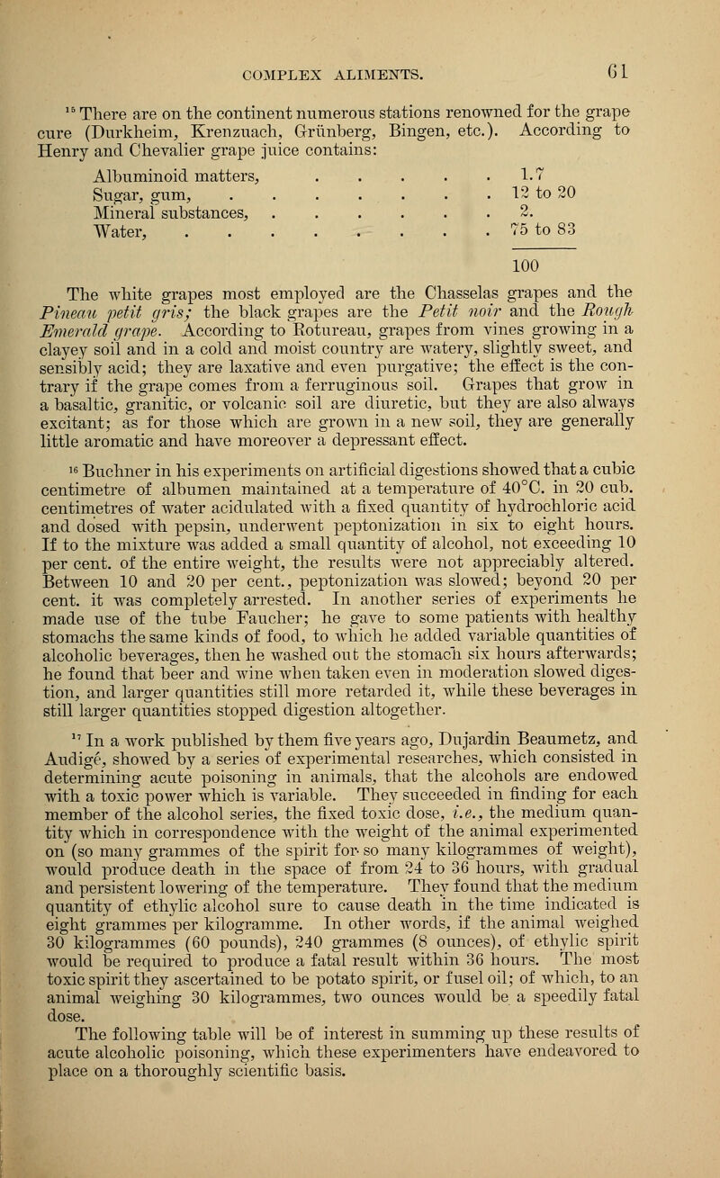 15 There are on the continent numerous stations renowned for the grape cure (Durkheim, Krenzuach, G-runberg, Bingen, etc.). According to Henry and Chevalier grape juice contains: Albuminoid matters, . . . . .1.7 Sugar, gum, . . . ... . . 12 to 20 Mineral substances, . . . . . .2. Water, 75 to 83 100 The white grapes most employed are the Chasselas grapes and the Pineau petit gris; the black grapes are the Petit noir and the Rough Emerald grape. According to Eotureau, grapes from vines growing in a clayey soil and in a cold and moist country are watery, slightly sweet, and sensibly acid; they are laxative and even purgative; the effect is the con- trary if the grape comes from a ferruginous soil. Grapes that grow in a basaltic, granitic, or volcanic soil are diuretic, but they are also always excitant; as for those which are grown in a new soil, they are generally little aromatic and have moreover a depressant effect. 16 Buchner in his experiments on artificial digestions showed that a cubic centimetre of albumen maintained at a temperature of 40°C. in 20 cub. centimetres of water acidulated with a fixed quantity of hydrochloric acid and dosed with pepsin, underwent peptonization in six to eight hours. If to the mixture was added a small quantity of alcohol, not exceeding 10 per cent, of the entire weight, the results were not appreciably altered. Between 10 and 20 per cent., peptonization was slowed; beyond 20 per cent, it was completely arrested. In another series of experiments he made use of the tube Faucher; he gave to some patients with healthy stomachs the same kinds of food, to which he added variable quantities of alcoholic beverages, then he washed out the stomach six hours afterwards; he found that beer and wine when taken even in moderation slowed diges- tion, and larger quantities still more retarded it, while these beverages in still larger quantities stopped digestion altogether. 17 In a work published by them five years ago, Dujardin Beaumetz, and Audige, showed by a series of experimental researches, which consisted in determining acute poisoning in animals, that the alcohols are endowed with a toxic power which is variable. They succeeded in finding for each member of the alcohol series, the fixed toxic dose, i.e., the medium quan- tity which in correspondence with the weight of the animal experimented on (so many grammes of the spirit for- so many kilogrammes of weight), would produce death in the space of from 24 to 36 hours, with gradual and persistent lowering of the temperature. They found that the medium quantity of ethylic alcohol sure to cause death in the time indicated is eight grammes per kilogramme. In other words, if the animal weighed 30 kilogrammes (60 pounds), 240 grammes (8 ounces), of ethylic spirit would be required to produce a fatal result within 36 hours. The most toxic spirit they ascertained to be potato spirit, or fusel oil; of which, to an animal weighing 30 kilogrammes, two ounces would be a speedily fatal dose. The following table will be of interest in summing up these results of acute alcoholic poisoning, which these experimenters have endeavored to place on a thoroughly scientific basis.