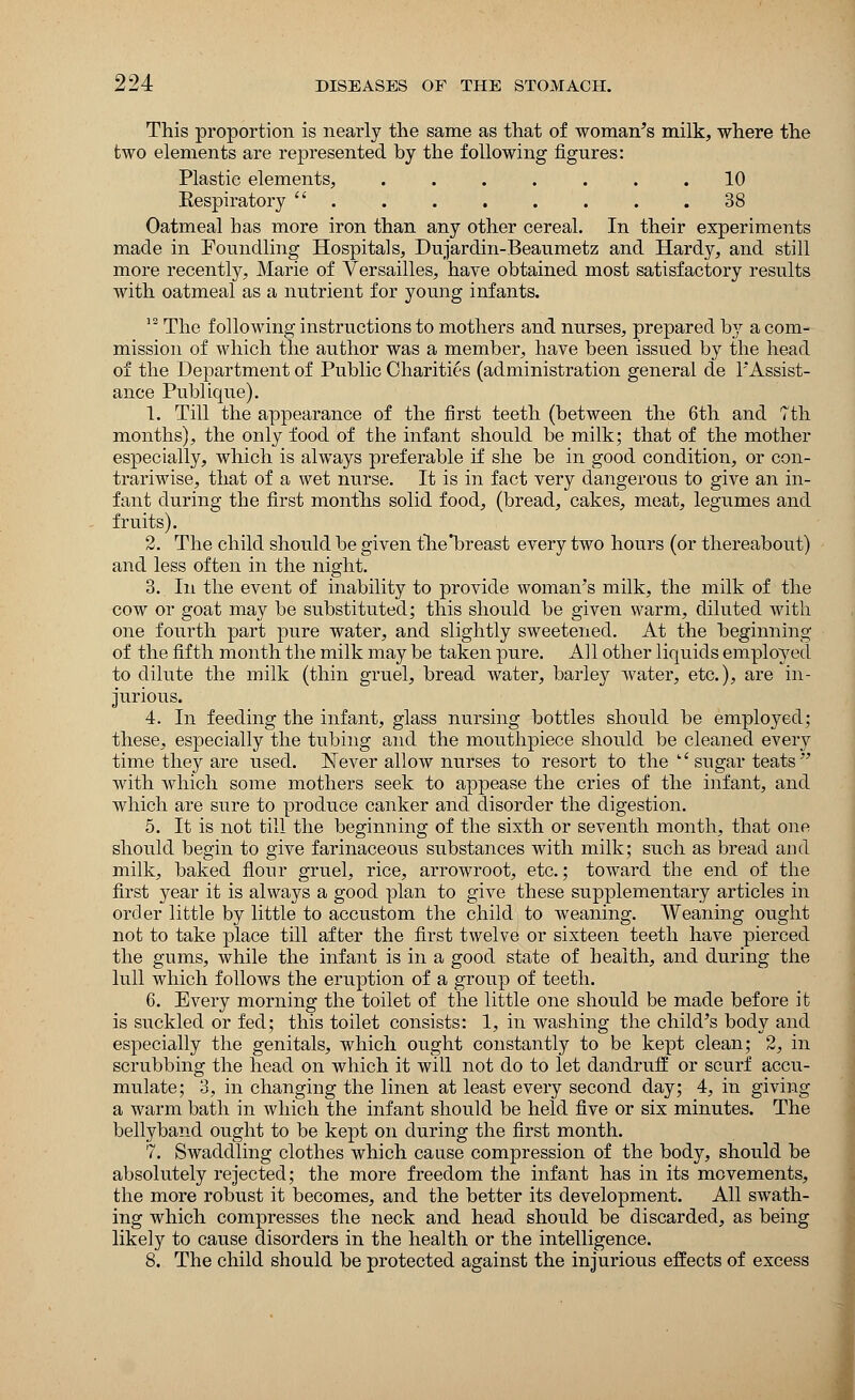 This proportion is nearly the same as that of woman's milk, where the two elements are represented by the following figures: Plastic elements, . . . . . . .10 Eespiratory  . . . . . . . .38 Oatmeal has more iron than any other cereal. In their experiments made in Foundling Hospitals, Dujardin-Beaumetz and Hardy, and still more recently, Marie of Versailles, have obtained most satisfactory results with oatmeal as a nutrient for young infants. 12 The following instructions to mothers and nurses, prepared by a com- mission of which the author was a member, have been issued by the head of the Department of Public Charities (administration general de l'Assist- ance Publique). 1. Till the appearance of the first teeth (between the 6th and 7th months), the only food of the infant should be milk; that of the mother especially, which is always preferable if she be in good condition, or con- trariwise, that of a wet nurse. It is in fact very dangerous to give an in- fant during the first months solid food, (bread, cakes, meat, legumes and fruits). 2. The child should be given the breast every two hours (or thereabout) and less often in the night. 3. In the event of inability to provide woman's milk, the milk of the cow or goat may be substituted; this should be given warm, diluted with one fourth part pure water, and slightly sweetened. At the beginning of the fifth month the milk may be taken pure. All other liquids employed to dilute the milk (thin gruel, bread water, barley water, etc.), are in- jurious. 4. In feeding the infant, glass nursing bottles should be employed; these, especially the tubing and the mouthpiece should be cleaned every time they are used. Never allow nurses to resort to the  sugar teats  with which some mothers seek to appease the cries of the infant, and which are sure to produce canker and disorder the digestion. 5. It is not till the beginning of the sixth or seventh month, that one should begin to give farinaceous substances with milk; such as bread and milk, baked flour gruel, rice, arrowroot, etc.; toward the end of the first year it is always a good plan to give these supplementary articles in order little by little to accustom the child to weaning. Weaning ought not to take place till after the first twelve or sixteen teeth have pierced the gums, while the infant is in a good state of health, and during the lull which follows the eruption of a group of teeth. 6. Every morning the toilet of the little one should be made before it is suckled or fed; this toilet consists: 1, in washing the child's body and especially the genitals, which ought constantly to be kept clean; 2, in scrubbing the head on which it will not do to let dandruff or scurf accu- mulate; 3, in changing the linen at least every second day; 4, in giving a warm bath in which the infant should be held five or six minutes. The bellyband ought to be kept on during the first month. 7. Swaddling clothes which cause compression of the body, should be absolutely rejected; the more freedom the infant has in its movements, the more robust it becomes, and the better its development. All swath- ing which compresses the neck and head should be discarded, as being likely to cause disorders in the health or the intelligence. 8. The child should be protected against the injurious effects of excess