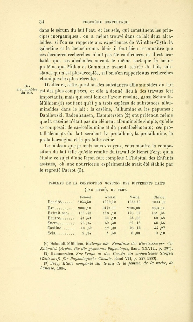 dans le sérum du lait l'eau et les sels, qui constituent les prin- cipes inorganiques ; on a même trouvé dans ce lait deux alca- loïdes, si l'on se rapporte aux expériences de Winther-Glyth, la galactine et le lactochrome. Mais il faut bien reconnaître que ces dernières recherches n'ont pas été confirmées, et il est pro- bable que ces alcaloïdes auront le même sort que la lacto- protéine que Millon et Gommaile avaient retirée du lait; sub- stance qui n'est plus acceptée, si l'on s'en rapporte aux recherches chimiques les plus récentes. Des D'ailleurs, cette question des substances albuminoïdes du lait albd™iait.deS est ^es Pms complexes, et elle a donné lieu à des travaux fort importants, mais qui sont loin de l'avoir résolue. Ainsi Schmidt- Mûlhiem(l) soutient qu'il y a trois espèces de substances albu- minoïdes dans le lait : la caséine, l'albumine et les peptones ; Danilewski, Radenhausen, Hammersten (2) ont prétendu même que la caséine n'était pas un élément albuminoïde simple, qu'elle se composait de caséoalbumine et de protalbéléments; ces pro- talbéléments du lait seraient la protalbine, la protalbinine, la protalborangine et la protalbroséine. Le tableau que je mets sous vos yeux, vous montre la compo- sition du lait telle qu'elle résulte du travail de Henri Fery; qui a étudié ce sujet d'une façon fort complète à l'hôpital des Enfants assistés, où une nourricerie expérimentale avait été établie par le regretté Parrot (3). TABLEAU DE LA COMPOSITION MOYENNE DES DIFFERENTS LAITS (par litre). H. FERV. Femme. Anesse. Vache. Chèvre. Densité 1033,50 1032,10 1033,40 1033,85 Eau 900s,10 914s,00 9105,08 869s,52 Extrait sec... 133,40 118,10 123,32 164,34 Beurre........ 43,43 30,10 34,00 60,68 Sucre 76,14 69,30 52,16 48,56 Caséine 10,52 12,30 28,12 44,27 Sels 2,14 4,50 6,00 9,10 (1) Schmidt-Mùlhiem, Beitrage zur Kenntniss der Eiweisskœrper der Kuhmileh {Archiv fur die gesammte Physiologie, Band XXVIII, p. 287). (2) Hammersten, Zur Fraye ol das Casein ein einheitlicher Stoffsci {Zeitschrift fur Physiologische Chemie, Band VII, p. 227,1883). (3) Fery, 'Etude comparée sur le lait de la femme, de la vache, de l'ânesse, 1884.