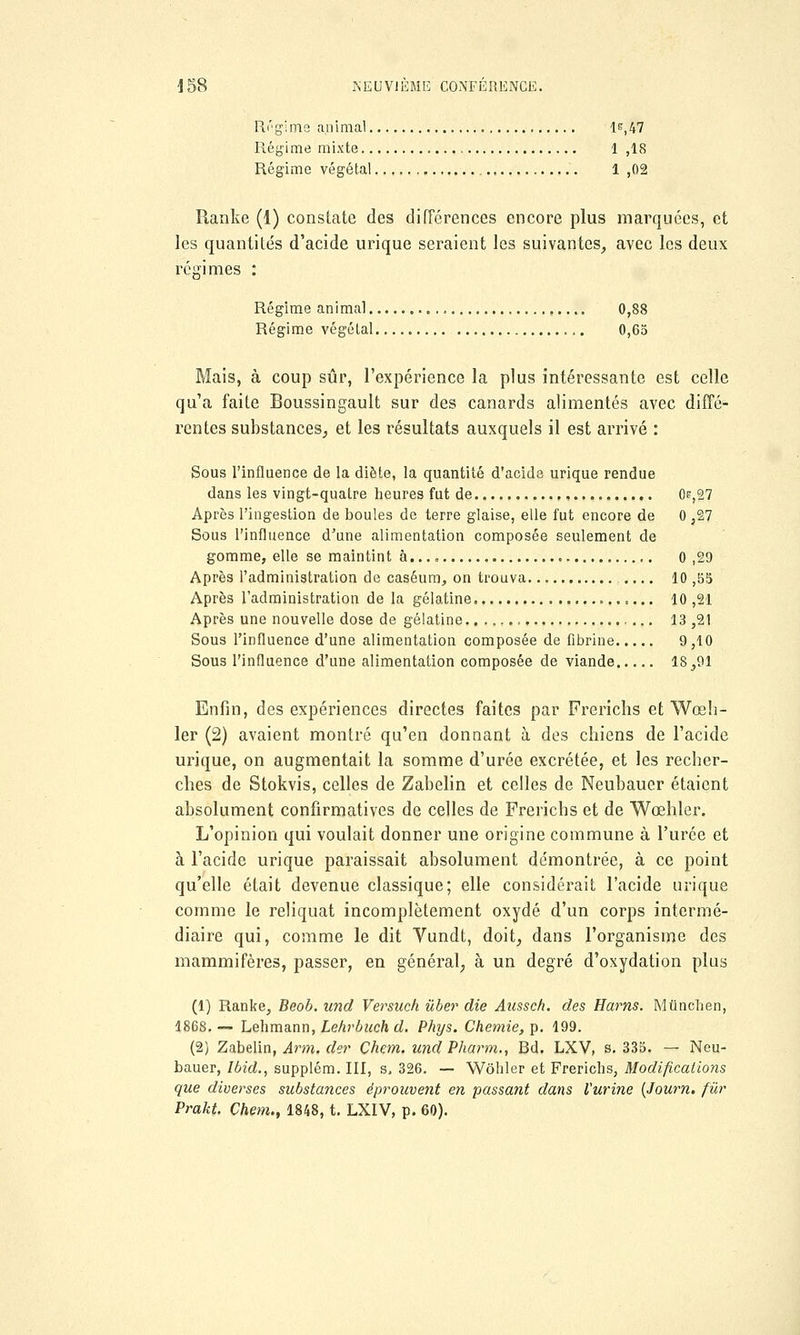 Régime animal 1^,47 Piégime mixte 1 ,18 Régime végétal 1,02 Ranke (1) constate des différences encore plus marquées, et les quantités d'acide urique seraient les suivantes, avec les deux régimes : Régime animal „ 0,88 Régime végétal ,. 0,65 Mais, à coup sûr, l'expérience la plus intéressante est celle qu'a faite Boussingault sur des canards alimentés avec diffé- rentes substances, et les résultats auxquels il est arrivé : Sous l'influence de la diète, la quantité d'acide urique rendue dans les vingt-quatre heures fut de 0e,27 Après l'ingestion de boules de terre glaise, elle fut encore de 0 ,27 Sous l'influence d'une alimentation composée seulement de gomme, elle se maintint à. 0 ,29 Après l'administration de caséum, on trouva .... 10 ,55 Après l'administration de la gélatine 10 ,21 Après une nouvelle dose de gélatine 13 ,21 Sous l'influence d'une alimentation composée de fibrine 9,10 Sous l'influence d'une alimentation composée de viande 18,91 Enfin, des expériences directes faites par Frerichs et Wœh- ler (2) avaient montré qu'en donnant à des chiens de l'acide urique, on augmentait la somme d'urée excrétée, et les recher- ches de Stokvis, celles de Zabelin et celles de Neubauer étaient absolument confirmatives de celles de Frerichs et de Wœhler. L'opinion qui voulait donner une origine commune à l'urée et à l'acide urique paraissait absolument démontrée, à ce point qu'elle était devenue classique; elle considérait l'acide urique comme le reliquat incomplètement oxydé d'un corps intermé- diaire qui, comme le dit Vundt, doit, dans l'organisme des mammifères, passer, en général, à un degré d'oxydation plus (1) Ranke, Beob. und Versuch ùber die Aassch. des Harns. Mûnchen, 1868. — Lehmann, Lehrbuch d. Phys. Chemie, p. 199. (2) Zabelin, Arm. de}' Chem. und Pharm., Bd. LXV, s. 335. — Neu- bauer, Ibid., supplém. III, s. 326. — Wôhler et Frerichs, Modifications que diverses substances éprouvent en passant dans l'urine (Journ. fur Prakt. Chem., 1848, t. LXIV, p. 60).