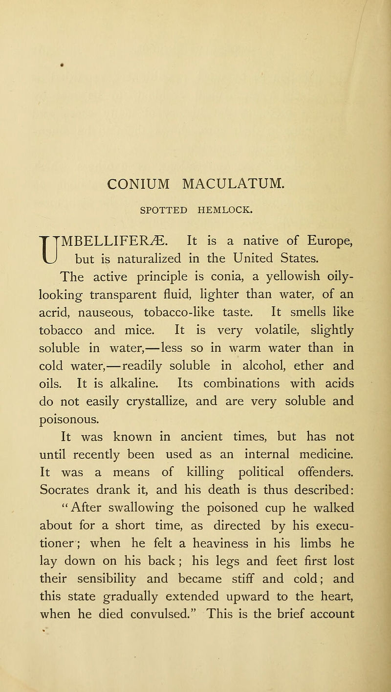 CONIUM MACULATUM. SPOTTED HEMLOCK. UMBELLIFER^. It is a native of Europe, but is naturalized in the United States. The active principle is conia, a yellowish oily- looking transparent fluid, lighter than water, of an acrid, nauseous, tobacco-like taste. It smells like tobacco and mice. It is very volatile, slightly soluble in water,—less so in warm water than in cold water,—readily soluble in alcohol, ether and oils. It is alkaline. Its combinations with acids do not easily crystallize, and are very soluble and poisonous. It was known in ancient times, but has not until recently been used as an internal medicine. It was a means of killing political offenders. Socrates drank it, and his death is thus described: After swallowing the poisoned cup he walked about for a short time, as directed by his execu- tioner; when he felt a heaviness in his limbs he lay down on his back; his legs and feet first lost their sensibility and became stiff and cold; and this state gradually extended upward to the heart, when he died convulsed. This is the brief account