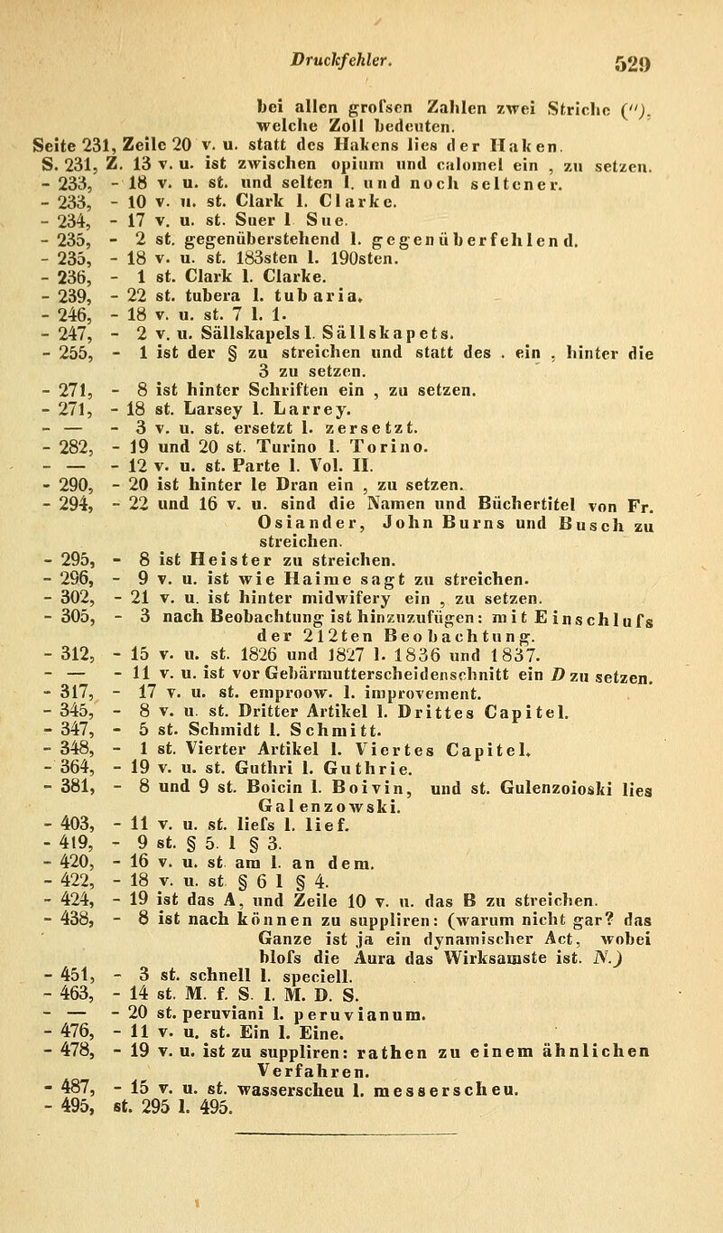 Druckfehler. 52!) bei allen grofsen Zahlen zwei Striche {), welche Zoll bedeuten. Seite 231, Zeile 20 v.u. statt des Hakens lies der Haken. S. 231, Z. 13 v. u. ist zwischen opium und calomel ein , zu setzen. - 233, - 18 v. u. st. und selten I. und noch seltener. - 233, - 10 v. ii. st. Clark 1. Clarke. - 234, - 17 v. u. st. Suer 1 Sue. - 235, - 2 st. gegenüberstehend 1. gegenüberfehlend. - 235, - 18 v. u. st. 183sten 1. I90sten. - 236, - 1 st. Clark 1. Clarke. - 239, - 22 st. tubera 1. tubaria. - 246, - 18 v. u. st. 7 1. 1. - 247, - 2 v. u. Sällskapels 1. Sällskapets. - 255, - 1 ist der § zu streichen und statt des . ein , hinter die 3 zu setzen. - 271, - 8 ist hinter Schriften ein , zu setzen. - 271, - 18 st. Larsey 1. Larrey. - — - 3 v. u. st. ersetzt I. zersetzt. - 282, - 19 und 20 st. Turino 1. Torino. - — - 12 y. u. st. Parte 1. Vol. II. - 290, - 20 ist hinter le Dran ein , zu setzen. - 294, - 22 und 16 v. u. sind die Namen und Büchertitel von Fr. Oslander, John Burns und Busch zu streichen. - 295, - 8 ist Heister zu streichen. - 296, - 9 v. u. ist wie Haime sagt zu streichen. - 302, - 21 v. u. ist hinter midwifery ein , zu setzen. -305, - 3 nach Beobachtung ist hinzuzufügen: mit E ins chlufs der 2l2ten Beobachtung. - 312, - 15 v. u. st. 1826 und 1827 1. 1836 und 1837. - — - 11 v. u. ist vor Gebärmutterscheidenschnitt ein D zu setzen. - 317, - 17 v. u. st. emproow. 1. improvement. - 345, - 8 v. u. st. Dritter Artikel 1. Drittes Capitel. - 347, - 5 st. Schmidt 1. Schmitt. - 348, - 1 st. Vierter Artikel 1. Viertes Capitel. - 364, - 19 v. u. st. Guthri 1. Guthrie. - 381, - 8 und 9 st. Boicin 1. Boivin, und st. Gulenzoioski lies Gal enzowski. - 403, - 11 v. u. st. liefs 1. lief. - 419, - 9 st. § 5. 1 § 3. - 420, - 16 v. u. st am 1. an dem. - 422, - 18 v. u. st. § 6 1 § 4. - 424, - 19 ist das A, und Zeile 10 v. u. das B zu streichen. - 438, - 8 ist nach können zu suppliren: (warum nicht gar? das Ganze ist ja ein dynamischer Act, wobei blofs die Aura das Wirksamste ist. N.) - 451, - 3 st. schnell 1. speciell. - 463, - 14 st. M. f. S. 1. M. D. S. - — - 20 st. peruviani 1. peruvianum. - 476, - 11 v. u. st. Ein I. Eine. - 478, - 19 v. u. ist zu suppliren: rathen zu einem ähnlichen Verfahren. - 487, - 15 v. u. st. wasserscheu 1. messerscheu. - 495, st. 295 1. 495.