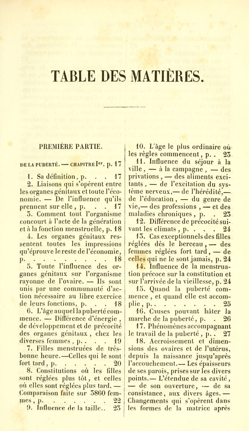 TABLE DES MATIÈRES. PREMIERE PARTIE. DE LA PUBERTÉ. CHAPITRE Ier. p. I 7 1. Sa définition, p. . . 17 2. Liaisons qui s'opèrent entre les organes génitaux et toute l'éco- nomie. — De l'influence qu'ils prennent sur elle , p. . 17 5. Comment tout l'organisme concourt à l'acte de la génération et à la fonction menstruelle, p. 18 4. Les organes génitaux res- sentent toutes les impressions qu'éprouve le reste de l'économie, p 18 5. Toute l'influence des or- ganes génitaux sur l'organisme rayonne de l'ovaire. — Ils sont unis par une communauté d'ac- tion nécessaire au libre exercice de leurs fonctions, p. . . 18 6. L'âge auquel la puberté com- mence. — Différence d'énergie , de développement et de précocité des organes génitaux , chez les diverses femmes , p. . . . 19 7. Filles menstruées de très- bonne heure.—Celles qui le sont fort tard, p 20 8. Constitutions où les filles sont réglées plus tôt, et celles où elles sont réglées plus tard. — Comparaison faite sur 5860 fem- mes , p. . ...... 22 9. Influence de la taille.. 25 10. L'âge le plus ordinaire où les règles commencent, p. . 25 11. Influence du séjour à la ville, — à la campagne , — des privations , — des aliments exci- tants , — de l'excitation du sys- tème nerveux,— de l'hérédité,— de l'éducation, — du genre de vie,— des professions , — et des maladies chroniques , p. . 25 12. Différence de précocité sui- vant les climats, p. . . . 24 15. Cas exceptionnels des filles réglées dès le berceau , — des femmes réglées fort tard, — de celles qui ne le sont jamais, p. 24 14. Influence de la menstrua- tion précoce sur la constitution et sur l'arrivée de la vieillesse, p. 24 15. Quand la puberté com- mence , et quand elle est accom- plie^ 25 16. Causes pouvant hâter la marche de la puberté, p. . 26 17. Phénomènes accompagnant le travail de la puberté , p. . 27 18. Accroissement et dimen- sions des ovaires et de l'utérus, depuis la naissance jusqu'après l'accouchement.— Les épaisseurs de ses parois, prises sur les divers points.— L'étendue de sa cavité, — de son ouverture, — de sa consistance, aux divers âges.— Changements qui s'opèrent dans les formes de la matrice après