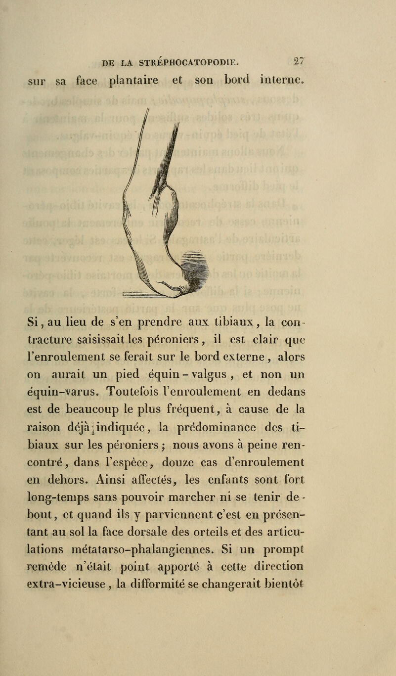 sur sa face plantaire et son bord interne. Si y au lieu de s'en prendre aux tibiaux, la con- tracture saisissait les péroniers, il est clair que l'enroulement se ferait sur le bord externe , alors on aurait un pied équin - vaîgus , et non un équin-varus. Toutefois l'enroulement en dedans est de beaucoup le plus fréquent , à cause de la raison déjàundiquée, la prédominance des ti- biaux sur les péroniers ; nous avons à peine ren- contré, dans l'espèce, douze cas d'enroulement en dehors. Ainsi affectés, les enfants sont fort long-temps sans pouvoir marcher ni se tenir de - bout, et quand ils y parviennent c'est en présen- tant au sol la face dorsale des orteils et des articu- lations métatarso-phalangiennes. Si un prompt remède n'était point apporté à cette direction extra-vicieuse, la difformité se changerait bientôt