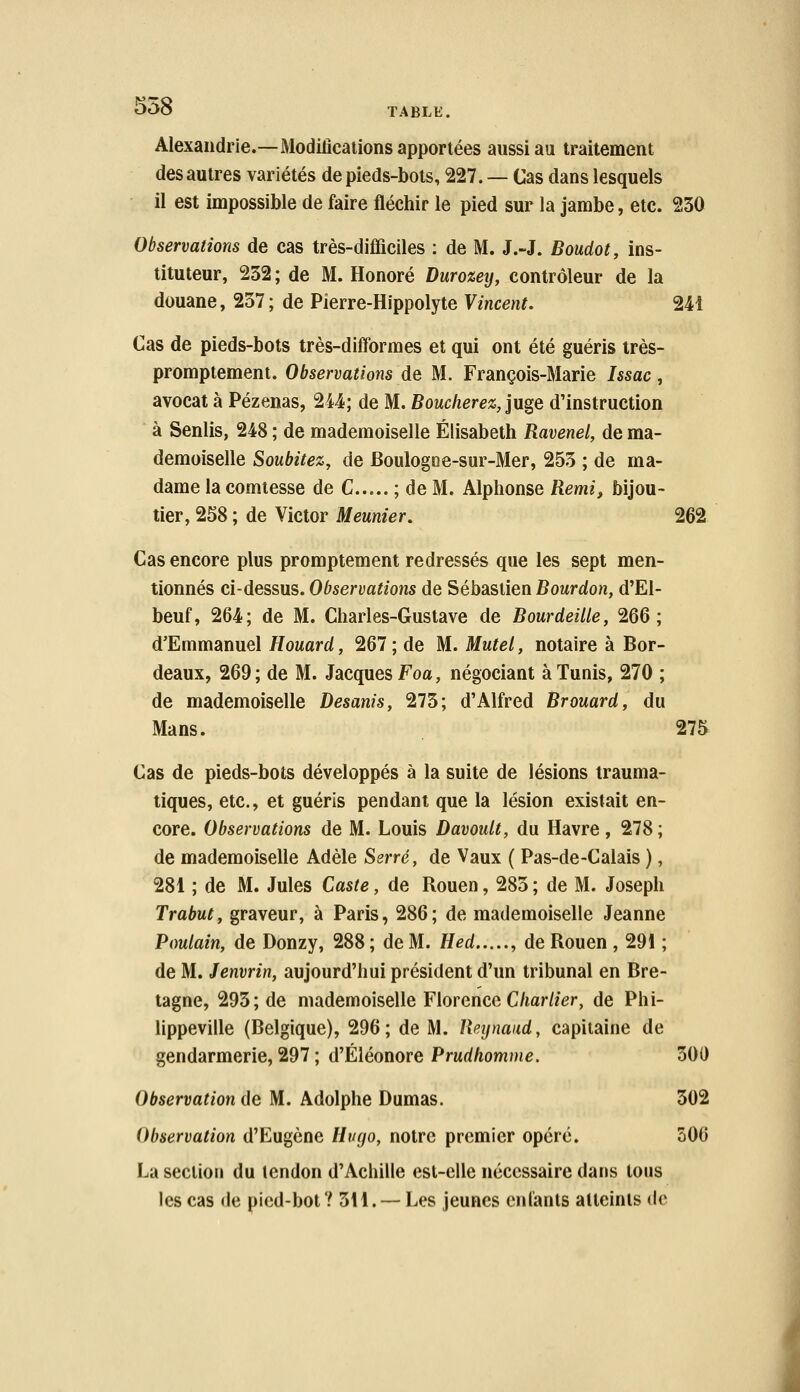 TABLE. Alexandrie.—Modifications apportées aussi au traitement des autres variétés de pieds-bots, 227. — Cas dans lesquels il est impossible de faire fléchir le pied sur la jambe, etc. 230 Observations de cas très-difficiles : de M. J.-J. Boudot, ins- tituteur, 232 ; de M. Honoré Durozey, contrôleur de la douane, 237; de Pierre-Hippolyte Vincent. 241 Cas de pieds-bots très-difformes et qui ont été guéris très- promptement. Observations de M. François-Marie Issac, avocat à Pézenas, 244; de M. Boucherez, juge d'instruction à Senlis, 248 ; de mademoiselle Elisabeth Ravenel, de ma- demoiselle Soubitez, de Boulogne-sur-Mer, 253 ; de ma- dame la comtesse de C ; de M. Alphonse Rémi, bijou- tier, 258 ; de Victor Meunier. 262 Cas encore plus promptement redressés que les sept men- tionnés ci-dessus. Observations de Sébastien Bourdon, d'El- beuf, 264; de M. Charles-Gustave de Bourdeille, 266; d'Emmanuel Houard, 267; de M. Mutel, notaire à Bor- deaux, 269; de M. Jacques Foa, négociant à Tunis, 270 ; de mademoiselle Desanis, 273; d'Alfred Brouard, du Mans. 275 Cas de pieds-bots développés à la suite de lésions trauma- tiques, etc., et guéris pendant que la lésion existait en- core. Observations de M. Louis Davoult, du Havre, 278; de mademoiselle Adèle Serré, de Vaux ( Pas-de-Calais ), 281 ; de M. Jules Caste, de Rouen, 283 ; de M. Joseph Trabut, graveur, à Paris, 286; de mademoiselle Jeanne Poulain, de Donzy, 288 ; de M. Hed , de Rouen , 291 ; de M. Jenvrin, aujourd'hui président d'un tribunal en Bre- tagne, 293; de mademoiselle Florence Cliarlier, de Phi- lippeville (Belgique), 296; de M. Reynaud, capitaine de gendarmerie, 297 ; d'Éléonore Prudhomme. 300 Observation de M. Adolphe Dumas. 302 Observation d'Eugène Hugo, notre premier opéré. 506 La section du tendon d'Achille est-elle nécessaire dans tous les cas de pied-bot? 311. — Les jeunes cillants atteints de 1