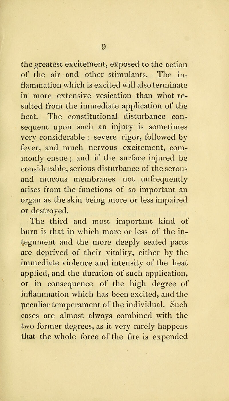 the greatest excitement, exposed to the action of the air and other stimulants. The in- flammation which is excited will also terminate in more extensive vesication than what re- sulted from the immediate application of the heat. The constitutional disturbance con- sequent upon such an injury is sometimes very considerable : severe rigor, followed by fever, and much nervous excitement, com- monly ensue; and if the surface injured be considerable, serious disturbance of the serous and mucous membranes not unfrequently arises from the functions of so important an organ as the skin being more or less impaired or destroyed. The third and most important kind of burn is that in which more or less of the in- tiegument and the more deeply seated parts are deprived of their vitality, either by the immediate violence and intensity of the heat applied, and the duration of such application, or in consequence of the high degree of inflammation which has been excited, and the peculiar temperament of the individual. Such cases are almost always combined with the two former degrees, as it very rarely happens that the whole force of the fire is expended