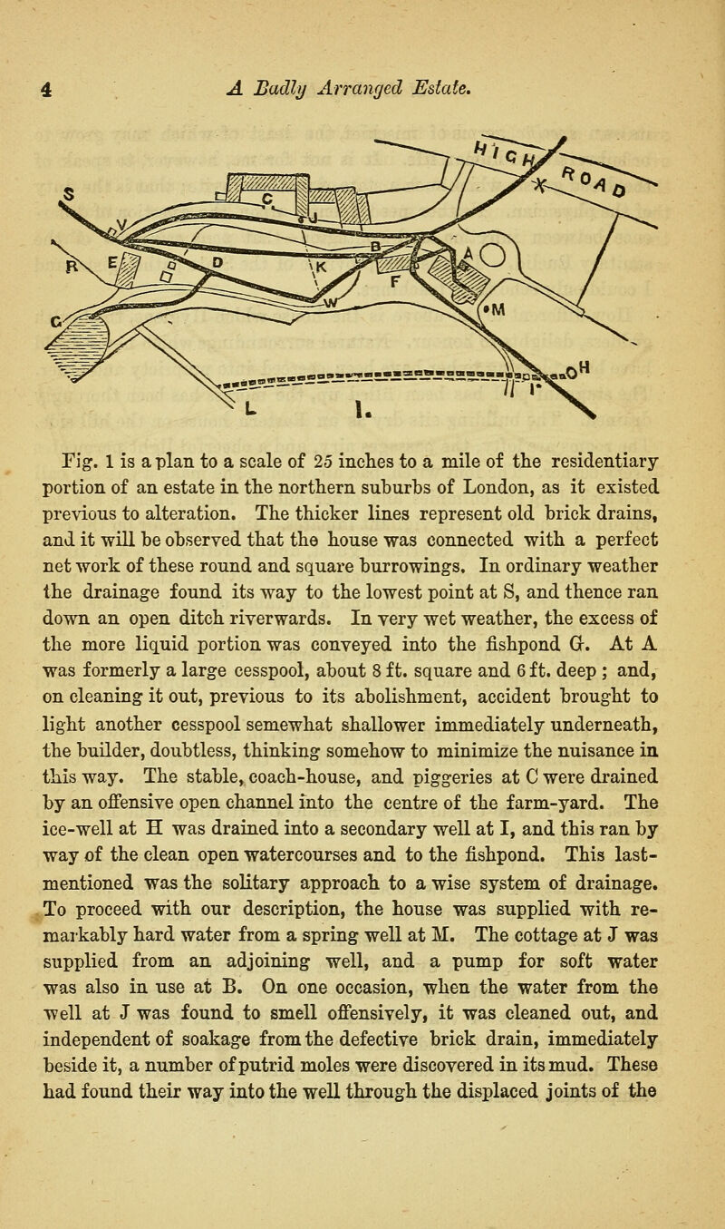 A Badly Arranged Estate. Fig. 1 is a plan to a scale of 25 inches to a mile of the residentiary portion of an estate in the northern suburbs of London, as it existed previous to alteration. The thicker lines represent old brick drains, and it will be observed that the house was connected with a perfect net work of these round and square burrowings. In ordinary weather the drainage found its way to the lowest point at S, and thence ran down an open ditch riverwards. In very wet weather, the excess of the more liquid portion was conveyed into the fishpond Gr. At A was formerly a large cesspool, about 8 ft. square and 6 ft. deep ; and, on cleaning it out, previous to its abolishment, accident brought to light another cesspool semewhat shallower immediately underneath, the builder, doubtless, thinking somehow to minimize the nuisance in this way. The stable, coach-house, and piggeries at C were drained by an offensive open channel into the centre of the farm-yard. The ice-well at H was drained into a secondary well at I, and this ran by way of the clean open watercourses and to the fishpond. This last- mentioned was the solitary approach to a wise system of drainage. To proceed with our description, the house was supplied with re- markably hard water from a spring well at M. The cottage at J was supplied from an adjoining well, and a pump for soft water was also in use at B. On one occasion, when the water from the well at J was found to smell offensively, it was cleaned out, and independent of soakage from the defective brick drain, immediately beside it, a number of putrid moles were discovered in its mud. These had found their way into the well through the displaced joints of the