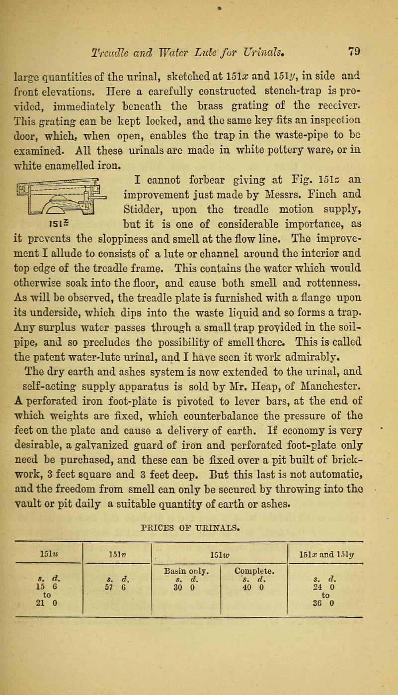 large quantities of the urinal, sketched at 15l£ and lohj, in side and front elevations. Here a carefully constructed stench-trap is pro- vided, immediately beneath the brass grating of the receiver. This grating can be kept locked, and the same key fits an inspection door, which, when open, enables the trap in the waste-pipe to be examined. All these urinals are made in white pottery ware, or in white enamelled iron. I cannot forbear giving at Fig. 151s an -^l'--j^_i improvement just made by Messrs. Finch and '/CS^sfil Stidder, upon the treadle motion supply, 1515 but it is one of considerable importance, as it prevents the sloppiness and smell at the flow line. The improve- ment I allude to consists of a lute or channel around the interior and top edge of the treadle frame. This contains the water which would otherwise soak into the floor, and cause both smell and rottenness. As will be observed, the treadle plate is furnished with a flange upon its underside, which dips into the waste liquid and so forms a trap. Any surplus water passes through a small trap provided in the soil- pipe, and so precludes the possibility of smell there. This is called the patent water-lute urinal, and I have seen it work admirably. The dry earth and ashes system is now extended to the urinal, and self-acting supply apparatus is sold by Mr. Heap, of Manchester. A perforated iron foot-plate is pivoted to lever bars, at the end of which weights are fixed, which counterbalance the pressure of the feet on the plate and cause a delivery of earth. If economy is very desirable, a galvanized guard of iron and perforated foot-plate only need be purchased, and these can be fixed over a pit built of brick- work, 3 feet square and 3 feet deep. But this last is not automatic, and the freedom from smell can only be secured by throwing into the vault or pit daily a suitable quantity of earth or ashes. PEICES OP URINALS. 151« 1510 151to 151& and loly s. d. 15 6 to 21 0 *. d. 57 6 Basin only. s. d. 30 0 Complete. s. d. 40 0 s. d. 24 0 to 36 0