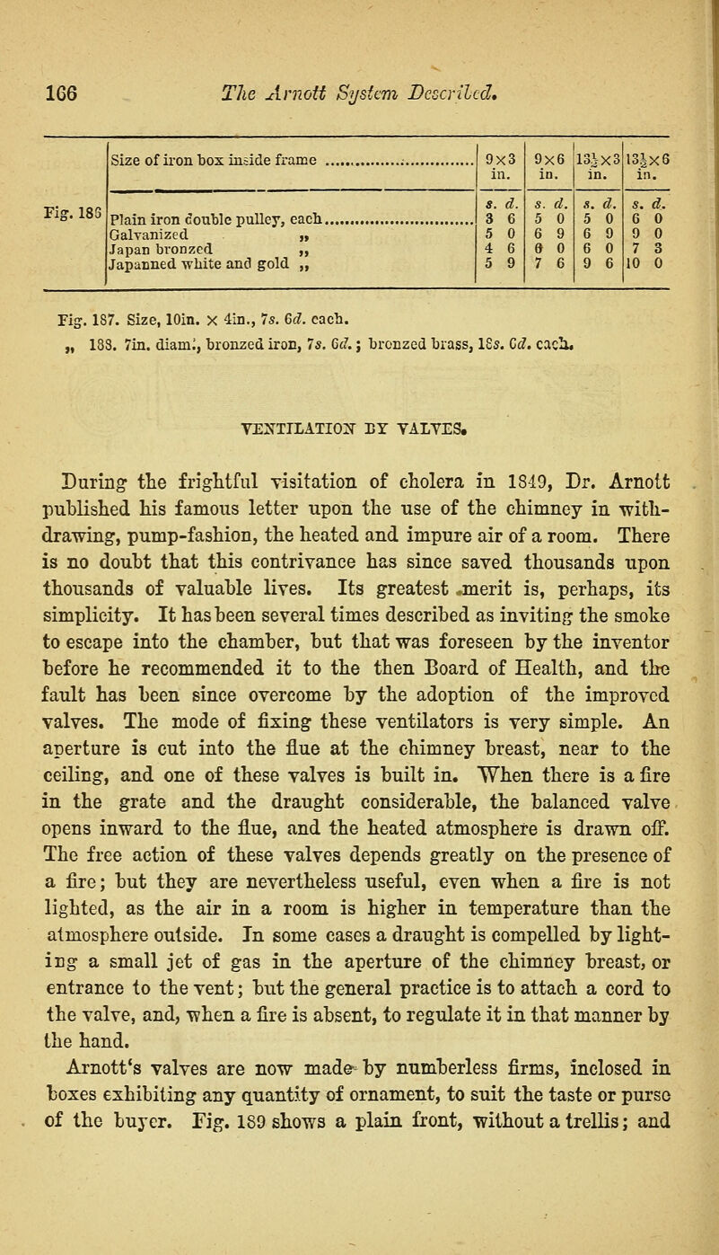 Fig.183 Size of iron box inside frame Plain iron double pulley, each. Galvanized „ Japan bronzed ,, Japanned white and gold „ 9x3 in. s. d. 3 6 5 0 4 6 5 9 9x6 in. s. d. 5 0 6 9 9 0 7 6 13J-X3 in. *. d. 5 0 6 9 6 0 9 6 I3lx< in. s. d. 6 0 9 0 7 3 10 0 Fig. 187. Size, lOin. x 4in., 7s. 6d. each. „ 133. 7in. diaml, bronzed iron, 7*. 6d.; bronzed brass, 18s. Qd. caci. VENTILATION BY VALVES. During* the frightful visitation of cholera in 1849, Dr. Arnott published his famous letter upon the use of the chimney in ■with- drawing, pump-fashion, the heated and impure air of a room. There is no doubt that this contrivance has since saved thousands upon thousands of valuable lives. Its greatest *merit is, perhaps, its simplicity. It has been several times described as inviting the smoke to escape into the chamber, but that was foreseen by the inventor before he recommended it to the then Board of Health, and tire fault has been since overcome by the adoption of the improved valves. The mode of fixing these ventilators is very simple. An aperture is cut into the flue at the chimney breast, near to the ceiling, and one of these valves is built in. When there is a fire in the grate and the draught considerable, the balanced valve opens inward to the flue, and the heated atmosphere is drawn off. The free action of these valves depends greatly on the presence of a fire; but they are nevertheless useful, even when a lire is not lighted, as the air in a room is higher in temperature than the atmosphere outside. In some cases a draught is compelled by light- ing a small jet of gas in the aperture of the chimney breast, or entrance to the vent; but the general practice is to attach a cord to the valve, and, when a fire is absent, to regulate it in that manner by the hand. Arnott's valves are now made-by numberless firms, inclosed in boxes exhibiting any quantity of ornament, to suit the taste or purse of the buyer. Fig. 189 shows a plain front, without a trellis; and
