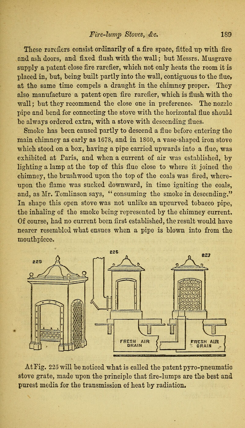 These rarefiers consist ordinarily of a fire space, fitted up with fire and ash doors, and fixed flush with the wall; but Messrs. Musgrave supply a patent close fire rarefier, which not only heats the room it is placed in, but, being built partly into the wall, contiguous to the flue, at the same time compels a draught in the chimney proper. They also manufacture a patent open fire rarefier, which is flush with the wall; but they recommend the close one in preference. The nozzle pipe and bend for connecting the stove with the horizontal flue should be always ordered extra, with a stove with descending flues. Smoke has been caused partly to descend a flue before entering the main chimney as early as 1678, and in 1860, a vase-shaped iron stove which stood on a box, having a pipe carried upwards into a flue, was exhibited at Paris, and when a current of air was established, by lighting a lamp at the top of this flue close to where it joined the chimney, the brushwood upon the top of the coals was fired, where- upon the flame was sucked downward, in time igniting the coals, and, as Mr. Tomlinson says,  consuming the smoke in descending. In shape this open stove was not unlike an upcurved tobacco pipe, the inhaling of the smoke being represented by the chimney current. Of course, had no current been first established, the result would have nearer resembled what ensues when a pipe is blown into from the mouthpiece. £25 At Fig. 225 will be noticed what is called the patent pyro-pneumatio stove grate, made upon the principle that fire-lumps are the best and purest media for the transmission of heat by radiation.