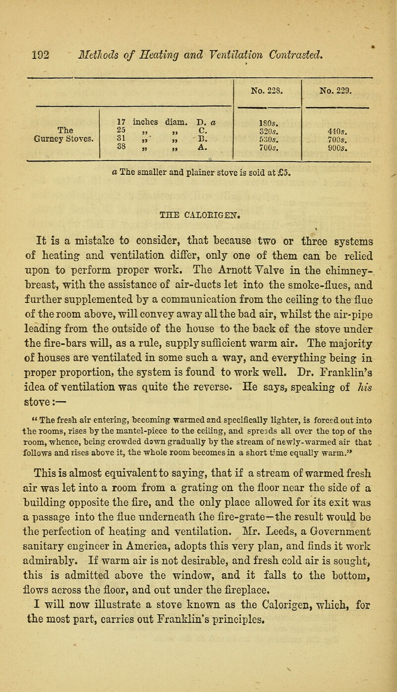 a The smaller and plainer store is soid at £5. THE CALOEIGEN. No. 228. No. 229. The Gurney Stoves. 17 inches diam. D. a 25 „ „ C. 31 „ „ B. 38 „ „ A. 180s. 320s. 530s. 700s. 440s. 700s. 900s. It is a mistake to consider, tliat because two or three systems of heating and ventilation differ, only one of them can be relied upon to perform proper work. The Arnott Valve in the chimney- breast, with the assistance of air-ducts let into the smoke-flues, and further supplemented by a communication from the ceiling to the flue of the room above, will convey away all the bad air, whilst the air-pipe leading from the outside of the house to the back of the stove under the fire-bars will, as a rule, supply sufficient warm air. The majority of houses are ventilated in some such a way, and everything being in proper proportion, the system is found to work well. Dr. Franklin's idea of ventilation was quite the reverse. He says, speaking of Ms stove:—  The fresh air entering, becoming warmed and specifically lighter, is forced out into the rooms, rises hy the mantel-piece to the ceiling, and spreads all over the top of the room, whence, being crowded dawn gradually hy the stream of newly-warmed air that follows and rises above it, the whole room becomes in a short time equally warm. This is almost equivalent to saying, that if a stream of warmed fresh air was let into a room from a grating on the floor near the side of a building opposite the fire, and the only place allowed for its exit was a passage into the flue underneath the fire-grate—the result would be the perfection of heating and ventilation. Mr. Leeds, a Government sanitary engineer in America, adopts this very plan, and finds it work admirably. If warm air is not desirable, and fresh cold air is sought, this is admitted above the window, and it falls to the bottom, flows across the floor, and out under the fireplace. I will now illustrate a stove known as the Calorigen, which, for the most part, carries out Franklin's principles.