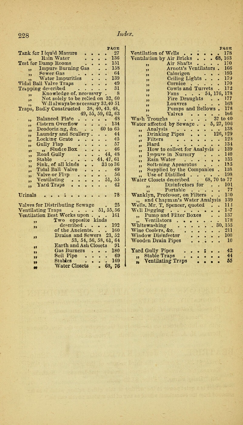 PAGE Tank fcr liquid Manure .... 27 „ Rain Water .... 136 Test for Damp Rooms .... 151 „ Impure Burning Gas . . 158 ,, Sewer Gas 64 „ Water Impurities . . . 139 Tidal Ball Valve Traps .... 49 Trapping described 31 „ Knowledge of. necessary . 8 „ Not solely to be relied on 32, 60 ,, Will always be necessary 32,40 51 Traps, Badly Constructed 38, 40, 43. 48, 49, 55, 59, 62, 63 ,, Balanced Plate . . Cistern Overflow Deodorizng, &c. Laundry and Scullery Locking Grate . . Gully Flap . . „ Sludge Box Road Gully . . Stable .... Sink, of all kinds . Tidal Ball Valve . Valve or Fl^p . . Ventilating . . . Yard Traps . . . . . 134 60 to 65 . . 44 . . 45 . . 57 . . 46 . 44, 48 44, 47, 61 33 to 36 49 56 51, 55 42 Urinals 78 Valves for Distributing Sewage . 25 Ventilating Traps .... 51, 55, 56 Ventilation Best Works upon ... 161 „ Two opposite kinds „ described .... 192 of the Ancients. . . 160 „ Draius and Sewers 23, 52 53, 54, 56, 58, 61, 64 „ Earth and Ash Closets 91 „ Gas Burners . . . 180 „ Soil Pipe .... 69 „ Stables .... 169 „ Water Closets . 68, 76 PAGW Ventilation of Wells . . ', . . . 178 Ventilation by Air Bricks . . .68,163 „ Air Shafts .... 170 „ Arnott's Ventilators . 166 „ Calorigen . , .193 „ Ceiling Lights . . . 179 „ Cornice 170 „ Cowls and Turrets . 172 „ Fans . . .54, 176, 178 „ Fire Draughts . . 177 „ Louvre3 .... 168 ,, Pumps and Bellows . 178 ,, Valves Ib6 Wa?h Troughs 37 to 40 Water affected by Sewage . . 5, 27, 103 „ Analysis 13S „ Drinking Pipes . . . 126,129 „ Filters 123 „ Hard 134 „ How to collect for Analysis . 139 „ Impure in Nursery . . . 140 ,, Rain Water ...... 135 „ Softening Apparatus . . . 1S5 „ Supplied by the Companies . 138 „ Use of Distilled 193 Water Closets described . 68, 70 to 77 ,, Disinfectors for . . 101 „ Portable 77 Wanklyn, Professor, on Filters . . ISO ,, and Chapman's Water Analysis 139 Wells, Mr. T, Spencer, quoted . . 11J Well Digging 1*7 „ Pump and Filter Boxes . . 137 „ Ventilators 178 Whitewashing 30, 155 Wine Coolers, &c 211 Window Disinfector 100 Wooden Drain Pipes . . ; . . 10 Yard Gully Pipes . . . S . . 42 „ Stable Traps ...... 44 „ Ventilating Traps • • • . 55