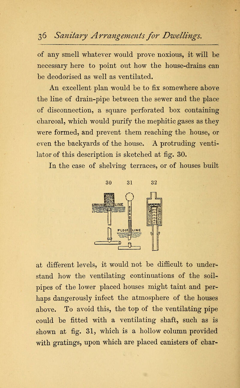 of any smell whatever would prove noxious, it will be necessary here to point out how the house-drains can be deodorised as well as ventilated. An excellent plan would be to fix somewhere above the line of drain-pipe between the sewer and the place of disconnection, a square perforated box containing charcoal, which would purify the mephitic gases as they were formed, and prevent them reaching the house, or even the backyards of the house. A protruding venti- lator of this description is sketched at fig. 30. In the case of shelving terraces, or of houses built 30 31 32 at different levels, it would not be difficult to under- stand how the ventilating continuations of the soil- pipes of the lower placed houses might taint and per- haps dangerously infect the atmosphere of the houses above. To avoid this, the top of the ventilating pipe could be fitted with a ventilating shaft, such as is shown at fig. 31, which is a hollow column provided with gratings, upon which are placed canisters of char-