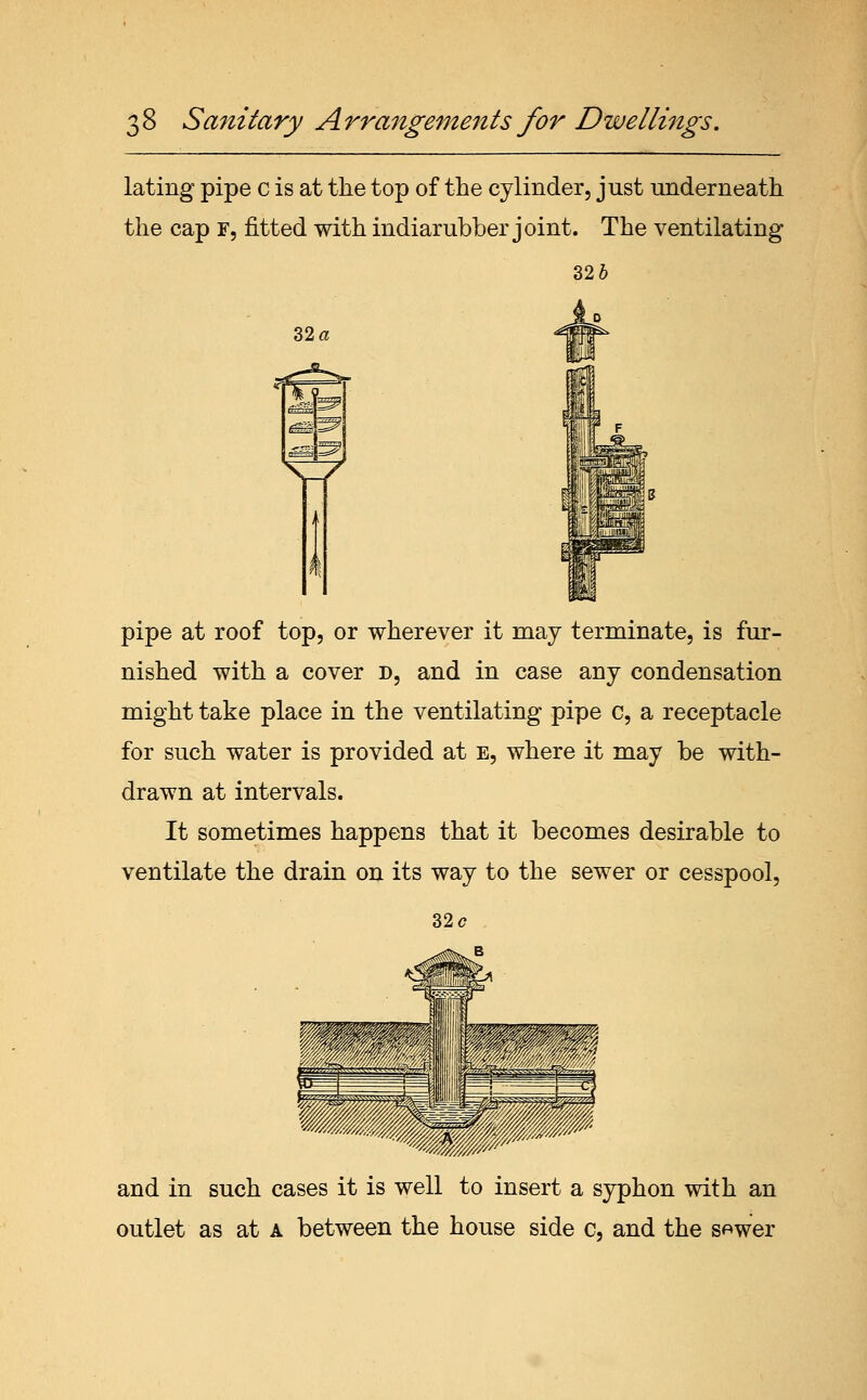 lating pipe c is at the top of the cylinder, just underneath the cap F, fitted with indiarubber joint. The ventilating 32 J 32 « pipe at roof top, or wherever it may terminate, is fur- nished with a cover d, and in case any condensation might take place in the ventilating pipe c, a receptacle for such water is provided at e, where it may be with- drawn at intervals. It sometimes happens that it becomes desirable to ventilate the drain on its way to the sewer or cesspool, 32 c and in such cases it is well to insert a syphon with an outlet as at a between the house side c, and the s^wer