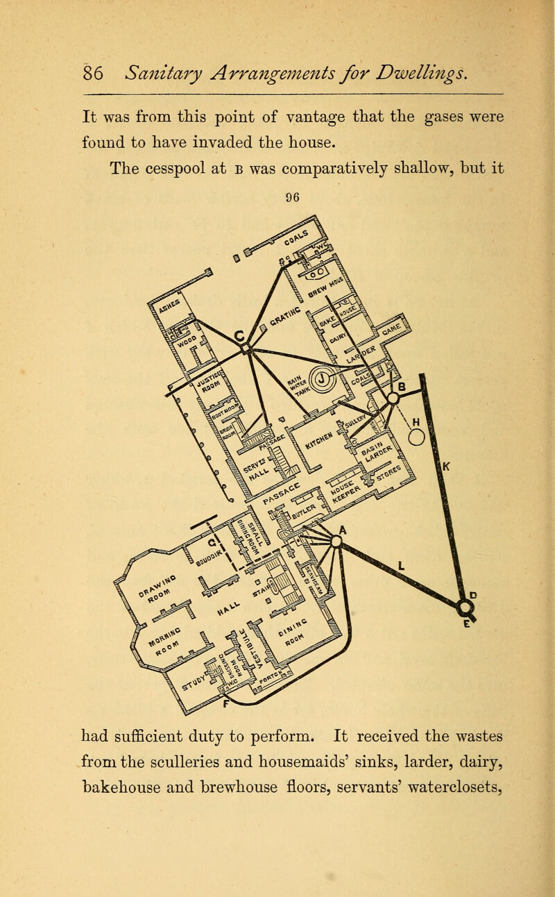 It was from this point of vantage that the gases were found to have invaded the house. The cesspool at b was comparatively shallow, but it had sufficient duty to perform. It received the wastes from the sculleries and housemaids' sinks, larder, dairy, bakehouse and brewhouse floors, servants' waterclosets,