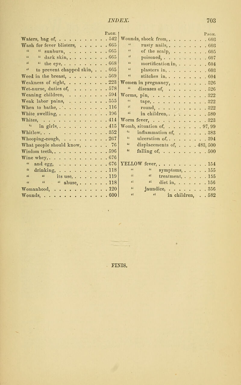 Page. Waters, bag of, 542 Wash for fever blisters, 6G5   sunburn, 005   dark skin, 065   the eye, 008 '' to prevent chapped skin, . . . 005 Weed in the breast, 509 Weakness of sight, 223 Wet-nurse, duties of, 578 Weaning children, 594 Weak labor pains, 555 When to bathe, . ' 116 White swelling, . 196 Whites, 414  in girls, 415 Whitlow, 352 Whooping-cough, 207 What people should know, 76 Wisdom teeth, 596 Wine whey, 076  and egg, 676  drinking, 118  « its use, 119 «   abuse, 118 Womanhood, 120 Wounds, 600 Pa OK. Wounds, shock from, 003  rusty nails, 003  of the scalp, 605  poisoned, 007  mortification in, 604  plasters in, 003  stitches in, 004 Women in pregnancy, 526  diseases of, 526 Worms, pin, 322  tape 322  round, 322  in children, 580 Worm fever, 323 Womb, situation of, 97, 99  inflammation of, 383  ulceration of, 394  displacements of, ... . 483, 500  falling of, 500 YELLOW fever, 154   symptoms, 155   treatment, 155   diet in, 156  jaundice, 356   iu children, . . 582 PINIS.