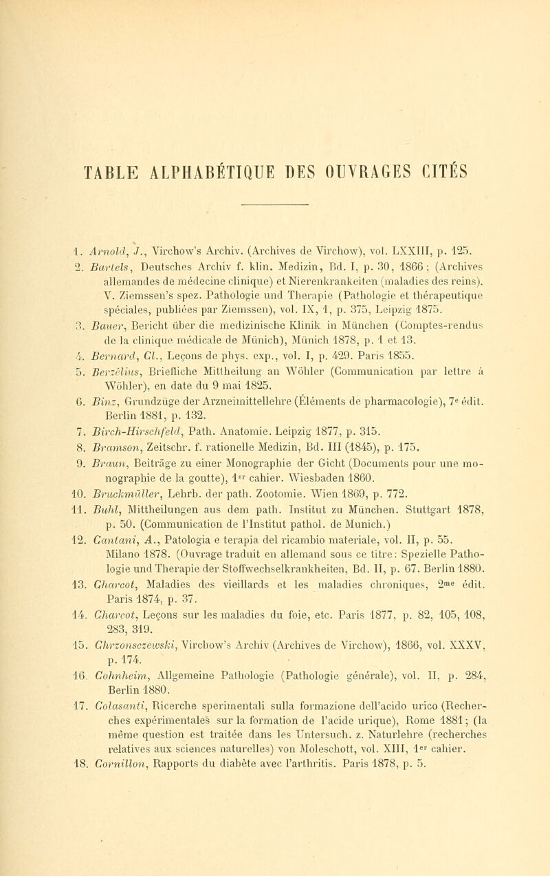 TABLE ALPHABÉTIQUE DES OUVRAGES CITÉS i. Arnold, J., Virchow's Archiv. (Archives de Virchow), vol. LXXIII, p. 125. 2. Barlels, Deutsches Archiv f. klin, Medizin, Bd. I, p. 30, 1866; (Archives allemandes de médecine clinique) et Nierenkrankeiten (maladies des reins). V. Ziemssen's spez. Pathologie und Thérapie (Pathologie et thérapeutique spéciales, publiées par Ziemssen), vol. IX, 1, p. 375, Leipzig 1875. 3. Bauer, Bericht Ciber die medizinische Klinik in Mùnchen (Comptes-rendus de la clinique médicale de JVIûnich), Munich 1878, p. 1 et 13. 4. Bernard, Cl., Leçons de phys. exp., vol. I, p. 429. Paris 1855. 5. Berzélius, Briefliche Mittheilung an Wôhler (Communication par lettre à Wôhler), en date du 9 mai 1825. 6. Binz, Grundzûge der Arzneimittellehre (Éléments de phai^macologie), 7« édit. Berlin 1881, p. 132. 7. Birch-Hirschfeld, Path. Anatomie. Leipzig 1877, p. 315. 8. Bramson, Zeitschr. f. rationelle Medizin, Bd. III (1845), p. 175. 9. Braun, Beitrâge zu einer Monographie der Gicht (Documents pour une mo- nographie de la goutte), 1 cahier. Wiesbaden 1860. 10. Bruckmûller, Lehrb. der path. Zootomie. Wien 1869, p. 772. 11. Buhl, Mittheilungen aus dem path. Institut zu Mùnchen. Stuttgart 1878, p. 50. (Communication de l'Institut pathol. de Munich.) 12. Cantani, A., Patologia e terapia del ricambio materiale, vol. Il, p. 55. Milano 1878. (Ouvrage traduit en allemand sous ce titre: Spezielle Patho- logie und Thérapie der Stoffwechselkrankheiten, Bd. II, p. 67. Berlin 1880. 13. Charcot, Maladies des vieillards et les maladies chroniques, 2'ne édit. Paris 1874, p. 37. 14. Charcot, Leçons sur les maladies du foie, etc. Paris 1877, p. 82, 105, 108, 283, 319. 15. Chrzonsczewski, Virchow's Archiv (Archives de Virchow), 1866, vol. XXXV, p. 174. 16. Cohnheim, Allgemeine Pathologie (Pathologie générale), vol. II, p. 284, Berlin 1880. 17. Colasanti, Bicerche sperhnentali sulla formazione dell'acido urico (Becher- ches expérimentales sur la formation de l'acide urique), Rome 1881 ; (la même question est traitée dans les Untersuch. z. Naturlehre (recherches relatives aux sciences naturelles) von Moleschott, vol. XIII, 1er cahier. 18. Cornillon, Rapports du diabète avec l'arthritis. Paris 1878, p. 5.