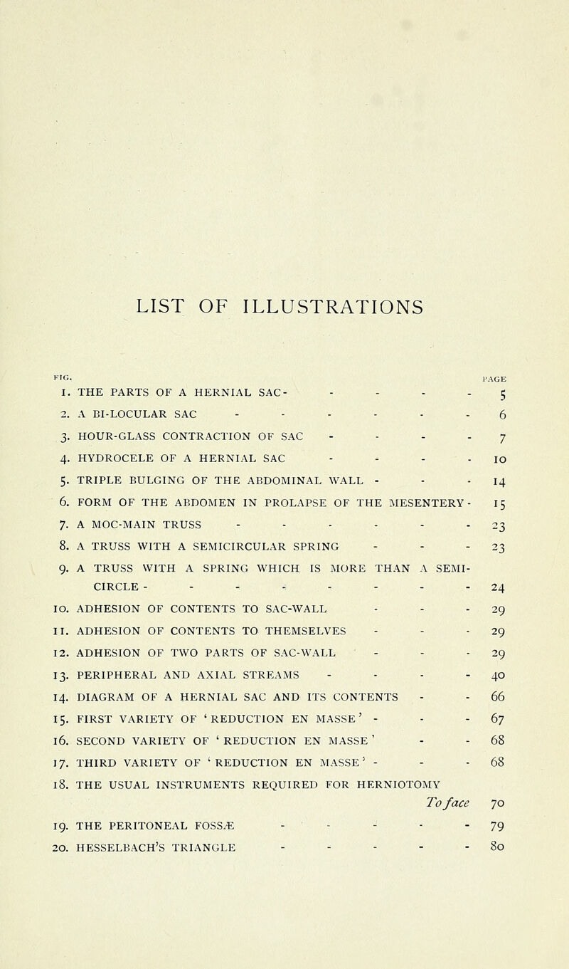 LIST OF ILLUSTRATIONS FIG. PAGE 1. THE PARTS OF A HERNIAL SAC- - - - . 5 2. A BI-LOCULAR SAC - - ... - 6 3. HOUR-GLASS CONTRACTION OF SAC - - - - 7 4. HYDROCELE OF A HERNIAL SAC - - - - lO 5. TRIPLE BULGING OF THE ABDOMINAL WALL - - - 14 6. FORM OF THE ABDOMEN IN PROLAPSE OF THE MESENTERY- 15 7. A MOC-MAIN TRUSS - - - - - - ~3 8. A TRUSS WITH A SEMICIRCULAR SPRING - - -23 9. A TRUSS WITH A SPRING WHICH IS MORE THAN A SEMI- CIRCLE -------- 24 10. ADHESION OF CONTENTS TO SAC-WALL - - - 29 11. ADHESION OF CONTENTS TO THEMSELVES - - - 29 12. ADHESION OF TWO PARTS OF SAC-WALL - - -29 13. PERIPHERAL AND AXIAL STREAMS - - - - 40 14. DIAGRAM OF A HERNIAL SAC AND ITS CONTENTS - - 66 15. FIRST VARIETY OF 'REDUCTION EN MASSE ' - - - 67 16. SECOND VARIETY OF ' REDUCTION EN MASSE ' - - 68 17. THIRD VARIETY OF 'REDUCTION EN MASSE' - - - 68 18. THE USUAL INSTRUMENTS REQUIRED FOR HERNIOTOMY To face 70 19. THE PERITONEAL FOSS^ - ' - - - 79 20. HESSELBACH'S TRIANGLE - - - - - 80