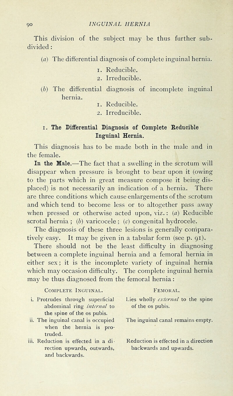 This division of the subject may be thus further sub- divided : (a) The differential diagnosis of complete inguinal hernia. 1. Reducible. 2. Irreducible. (b) The differential diagnosis of incomplete inguinal hernia. 1. Reducible. 2. Irreducible. I. The Differential Diagnosis of Complete Reducible Inguinal Hernia. This diagnosis has to be made both in the male and in the female. In the Male.—The fact that a swelling in the scrotum will disappear when pressure is brought to bear upon it (owing to the parts which in great measure compose it being dis- placed) is not necessarily an indication of a hernia. There are three conditions which cause enlargements of the scrotum and which tend to become less or to altogether pass away when pressed or otherwise acted upon, viz.: {a) Reducible scrotal hernia ; (6) varicocele ; (c) congenital hydrocele. The diagnosis of these three lesions is generally corhpara- tively easy. It may be given in a tabular form (see p. gi). There should not be the least difficulty in diagnosing between a complete inguinal hernia and a femoral hernia in either sex; it is the incomplete variety of inguinal hernia which may occasion difficulty. The complete inguinal hernia may be thus diagnosed from the femoral hernia: Complete Inguinal. Femoral. i. Protrudes through superficial Lies wholly external to the spine abdominal ring internal to of the os pubis. the spine of the os pubis, ii. The inguinal canal is occupied The inguinal canal remains empty, when the hernia is pro- truded, iii. Reduction is effected in a di- Reduction is effected in a direction rection upwards, outwards, backwards and upwards, and backwards.