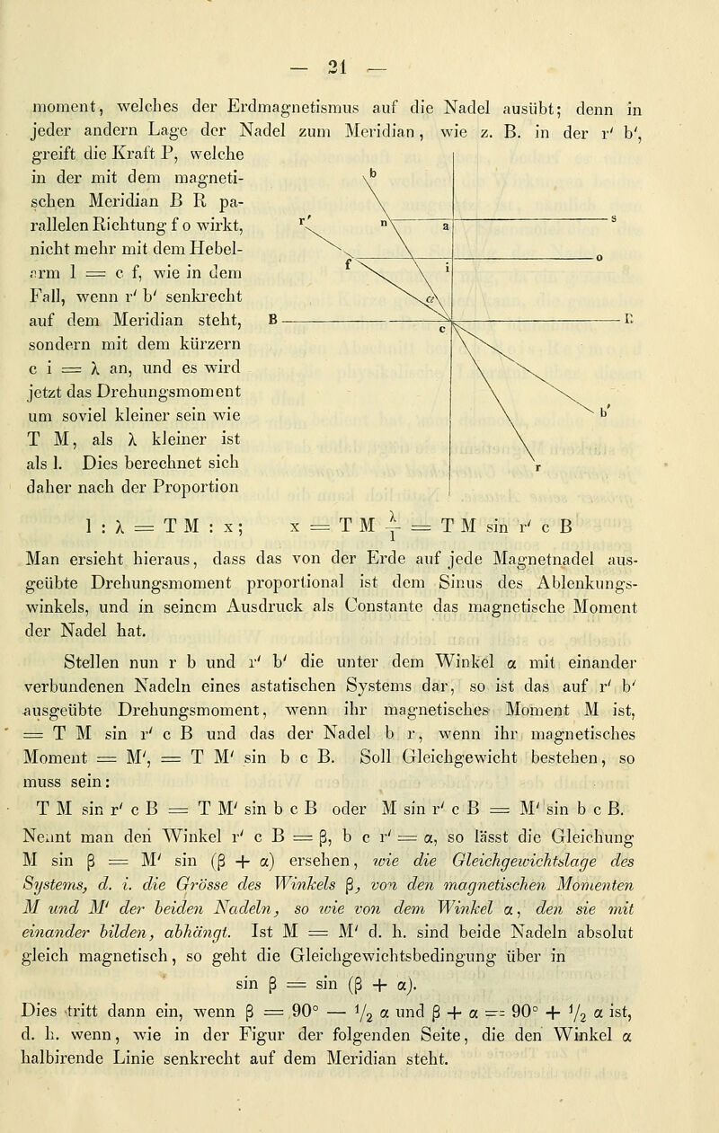 moment, welches der Erdmagnetismus auf die Nadel ausübt; denn in jeder andern Lage der Nadel zum Meridian, wie z. B. in der r' b', greift die Kraft P, welche in der mit dem magneti- ^^ sehen Meridian ß R pa- rallelen Richtung f o wirkt, nicht mehr mit dem Hebel- .irm 1 = e f, wie in dem Fall, wenn r' b' senkrecht auf dem Meridian steht, sondern mit dem kürzern c i = X an, und es wird jetzt das Drehungsmoment um soviel kleiner sein wie T M, als X kleiner ist als 1. Dies berechnet sich daher nach der Proportion \.A • C \ ' r 1 : A = TM T M y = T M sin r' c B Man ersieht hieraus, dass das von der Erde auf jede Magnetnadel aus- geübte Drehungsmoment proportional ist dem Sinus des Ablenkungs- winkels, und in seinem Ausdruck als Constante das magnetische Moment der Nadel hat. Stellen nun r b und r' b' die unter dem Winkel a mit einander verbundenen Nadeln eines astatischen Systems dar, so ist das auf r' b' ausgeübte Drehungsmoment, wenn ihr magnetisches Moment M ist, = T M sin r' c B und das der Nadel b r, wenn ihr magnetisches Moment = M', = T M' sin b c B. Soll Gleichgewicht bestehen, so muss sein: T M sin r' c B = T M' sin b c B oder M sin r' c B = M' sin b c B. Neimt man deii Winkel r' c B = ß, b c r' = a, so lässt die Gleichung M sin ß == M' sin (ß + a) ersehen, loie die Oleichgeivichtdage des Systems, d. i. die Grösse des Winkels ß, von den magnetischen Momenten M und M' der beiden Nadehi, so toie von dem Winkel a, deri sie mit ei7imider hilden, abhängt. Ist M = M' d. h. sind beide Nadeln absolut gleich magnetisch, so geht die Gleichgewichtsbedingung über in sin ß = sin (ß + a). Dies tritt dann ein, wenn ß = 90° — i/j « ^i'^*^ ß + « —- 90° + Y2 « ist, d. h. wenn, wie in der Figur der folgenden Seite, die den Winkel a halbirende Linie senkrecht auf dem Meridian steht.