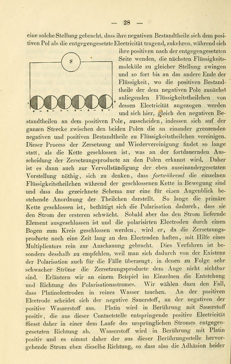 I eine solche Stellung gebracht, dass ihre negativen Bestandtheile sich dem posi- tiven Pol als die entgegengesetzte Electricität tragend, zukehren, v^^ährend sich ihre positiven nach der entgegengesetzten moleküle zu gleicher Stellung zwingen und so fort bis an das andere Ende der Flüssigkeit, wo die positiven Bestand- theile der dem negativen Pole zunächst dessen Electricität angezogen werden und sich hier, gleich den negativen Be- standtheilen an dem positiven Pole, ausscheiden, indessen sich auf der ganzen Strecke zwischen den beiden Polen die an einander grenzenden negativen und positiven Bestandtheile zu Flüssigkeitstheilchen vereinigen. Dieser Process der Zersetzung und Wiedervereinigung findet so lange statt, als die Kette geschlossen ist, was an der fortdauernden Aus- scheidung der Zersetzungsproducte an den Polen erkannt wird. Daher ist es dann auch zur Vervollständigung der eben auseinandergesetzten Vorstellung nöthig, sich zu denken, dass fortioährend die einzelnen Flüssigkeitstheilchen während der geschlossenen Kette in Bewegung sind und dass das gezeichnete Schema nur eine für einen Augenblick be- stehende Anordnung der Theilchen darstellt. So lange die primäre Kette geschlossen ist, bethätigt sich die Polarisation dadurch, dass sie den Strom der ersteren schwächt. Sobald aber das den Strom liefernde Element ausgeschlossen ist und die polarisirten Electroden durch einen Bogen zum Kreis geschlossen werden, wird er, da die Zersetzungs- producte noch eine Zeit lang an den Electroden haften, mit Hilfe eines Multiplicators rein zur Anschauung gebracht. Dies Verfahren ist be- sonders desshalb zu empfehlen, weil man sich dadurch von der Existenz der Polarisation auch für die Fälle überzeugt, in denen zu Folge sehr schwacher Ströme die Zersetzungsproducte dem Auge nicht sichtbar sind. Erläutern wir an einem Beispiel im Einzelnen die Entstehung und Richtung des Polarisationsstromes. Wir wählen dazu den Fall, dass Platinelectroden in reines Wasser tauchen. An der positiven Electrode scheidet sich der negative Sauerstoff, an der negativen der positive Wasserstoff aus. Platin wird in Berührung mit Sauerstoff positiv, die aus dieser Contactstelle entspringende positive Electricität fliesst daher in einer dem Laufe des ursprünglichen Stromes entgegen- gesetzten Richtung ab. Wasserstoff wird in Berührung mit Platin positiv und es nimmt daher der aus dieser Berührungsstelle hervor- gehende Strom eben dieselbe Richtung, so dass also die Adhäsion beider