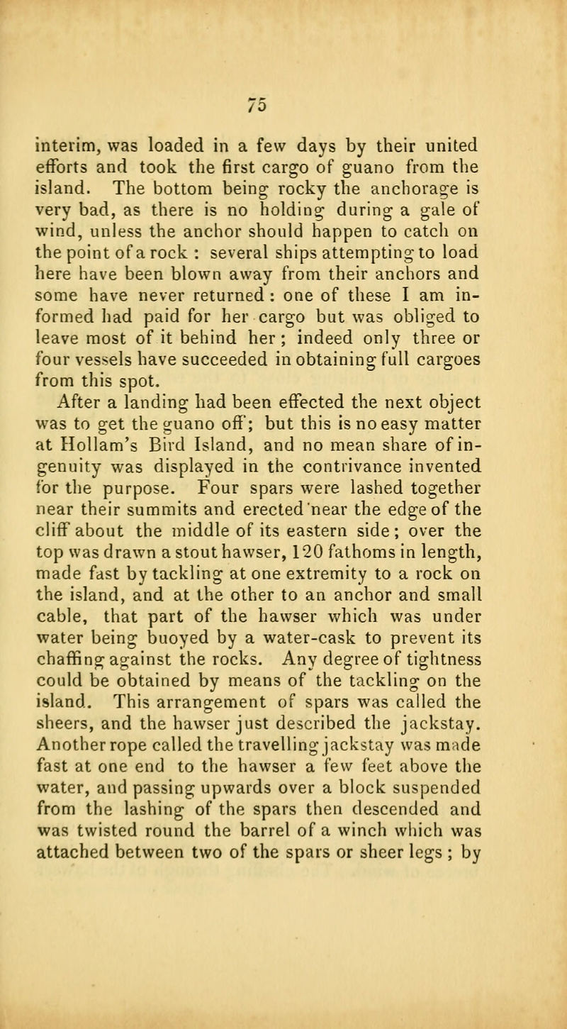/o interim, was loaded in a few days by their united efforts and took the first cargo of guano from the island. The bottom being rocky the anchorage is very bad, as there is no holding during a gale of wind, unless the anchor should happen to catch on the point of a rock : several ships attempting to load here have been blown away from their anchors and some have never returned : one of these I am in- formed had paid for her cargo but was obliged to leave most of it behind her ; indeed only three or four vessels have succeeded in obtaining full cargoes from this spot. After a landing had been effected the next object was to get the guano off; but this is no easy matter at Hollam's Bird Island, and no mean share of in- genuity was displayed in the contrivance invented for the purpose. Four spars were lashed together near their summits and erected near the edge of the cliff about the middle of its eastern side; over the top was drawn a stout hawser, 120 fathoms in length, made fast by tackling at one extremity to a rock on the island, and at the other to an anchor and small cable, that part of the hawser which was under water being buoyed by a water-cask to prevent its chaffing against the rocks. Any degree of tightness could be obtained by means of the tackling on the island. This arrangement of spars was called the sheers, and the hawser just described the jackstay. Another rope called the travelling jackstay was made fast at one end to the hawser a few feet above the water, and passing upwards over a block suspended from the lashing of the spars then descended and was twisted round the barrel of a winch which was attached between two of the spars or sheer legs ; by