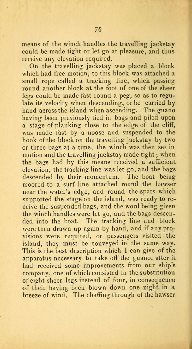 means of the winch handles the travelling jackstay could be made tight or let go at pleasure, and thus receive any elevation required. On the travelling jackstay was placed a block which had free motion, to this block was attached a small rope called a tracking line, which passing round another block at the foot of one of the sheer legs could be made fast round a peg, so as to regu- late its velocity when descending, or be carried by hand across the island when ascending. The guano having been previously tied in bags and piled upon a stage of planking close to the edge of the cliff, was made fast by a noose and suspended to the hook of the block on the travelling jackstay by two or three bags at a time, the winch was then set in motion and the travelling jackstay made tight; when the bags had by this means received a sufficient elevation, the tracking line was let go, and the bags descended by their momentum. The boat being moored to a surf line attached round the hawser near the water's edge, and round the spars which supported the stage on the island, was ready to re- ceive the suspended bags, and the word being given the winch handles were let go, and the bags descen- ded into the boat. The tracking line and block were then drawn up again by hand, and if any pro- visions were required, or passengers visited the island, they must be conveyed in the same way. This is the best description which I can give of the apparatus necessary to take off the guano, after it had received some improvements from our ship's company, one of which consisted in the substitution of eight sheer legs instead of four, in consequence of their having been blown down one night in a breeze of wind. The chaffing through of the hawser