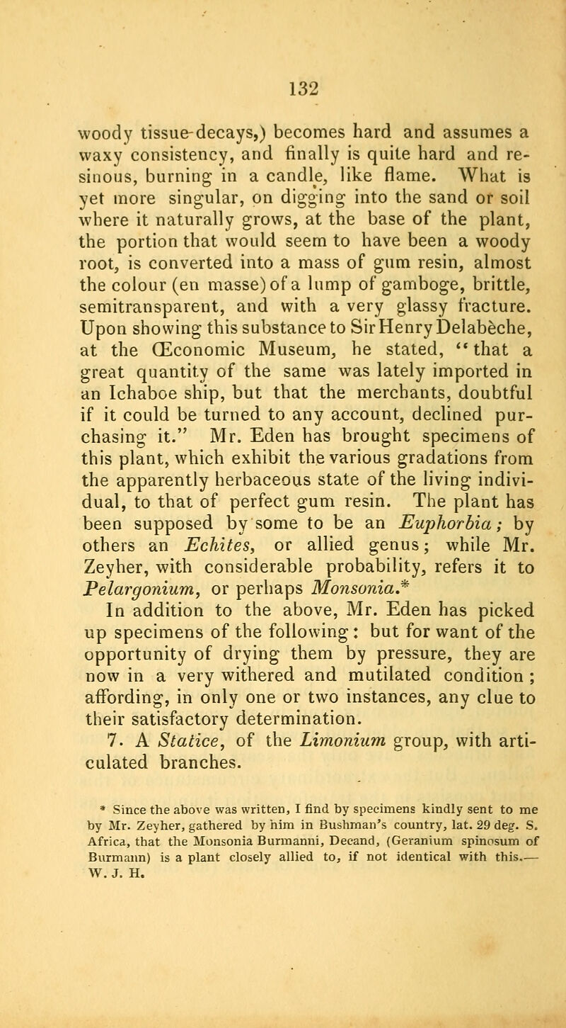 woody tissue-decays,) becomes hard and assumes a waxy consistency, and finally is quite hard and re- sinous, burning in a candle, like flame. What is yet more singular, on digging into the sand of soil where it naturally grows, at the base of the plant, the portion that would seem to have been a woody root, is converted into a mass of gum resin, almost the colour (en masse) of a lump of gamboge, brittle, semitransparent, and with a very glassy fracture. Upon showing this substance to Sir Henry Delabeche, at the (Economic Museum, he stated,  that a great quantity of the same was lately imported in an Ichaboe ship, but that the merchants, doubtful if it could be turned to any account, declined pur- chasing it. Mr. Eden has brought specimens of this plant, which exhibit the various gradations from the apparently herbaceous state of the living indivi- dual, to that of perfect gum resin. The plant has been supposed by some to be an Euphorbia; by others an Echites, or allied genus; while Mr. Zeyher, with considerable probability, refers it to Pelargonium, or perhaps Monsonia,* In addition to the above, Mr. Eden has picked up specimens of the following: but for want of the opportunity of drying them by pressure, they are now in a very withered and mutilated condition ; affording, in only one or two instances, any clue to their satisfactory determination. 7. A Statice, of the Limonium group, with arti- culated branches. * Since the above was written, I find by specimens kindly sent to me by Mr. Zeyher, gathered by him in Bushman's country, lat. 29 deg. S. Africa, that the Monsonia Burmanni, Decand, (Geranium spinosum of Burmann) is a plant closely allied to, if not identical with this.— W. J. H.