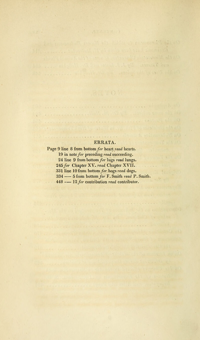 ERRATA. Page 9 line 8 from bottom for heart read hearts. 19 in note for preceding read succeeding. 24 line 9 from bottom for lugs read lungs. 245/or Chapter XV. read Chapter XVII. 331 line 10 from bottom for hogs read dogs. 334 5 from bottom for F. Smith read P. Smith. 448 12/or contribution read contributor.