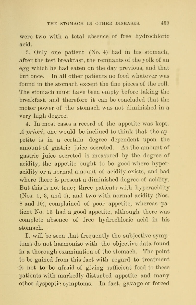 were two with a total absence of free hydrochloric acid. 3. Only one patient (No. 4) had in his stomach, after the test breakfast, the remnants of the yolk of an egg which he had eaten on the day previous, and that but once. In all other patients no food whatever was found in the stomach except the tine pieces of the roll. The stomach must have been empty before taking the breakfast, and therefore it can be concluded that the motor power of the stomach was not diminished in a very high degree. 4. In most cases a record of the appetite was kept. A priori, one would be inclined to think that the ap- petite is in a certain degree dependent upon the amount of gastric juice secreted. As the amount of gastric juice secreted is measured by the degree of acidity, the appetite ought to be good where hyper- acidity or a normal amount of acidity exists, and bad where there is present a diminished degree of acidity. But this is not true; three patients with hyperacidity (Nos. 1, 3, and 4), and two with normal acidity (Nos. 8 and 10), complained of poor appetite, whereas pa- tient No. 15 had a good appetite, although there was complete absence of free hydrochloric acid in his stomach. It will be seen that frequently the subjective symp- toms do not harmonize with the objective data found in a thorough examination of the stomach. The point to be gained from this fact with regard to treatment is not to be afraid of giving sufficient food to these patients with markedly disturbed appetite and many other dyspeptic symptoms. In fact, gavage or forced