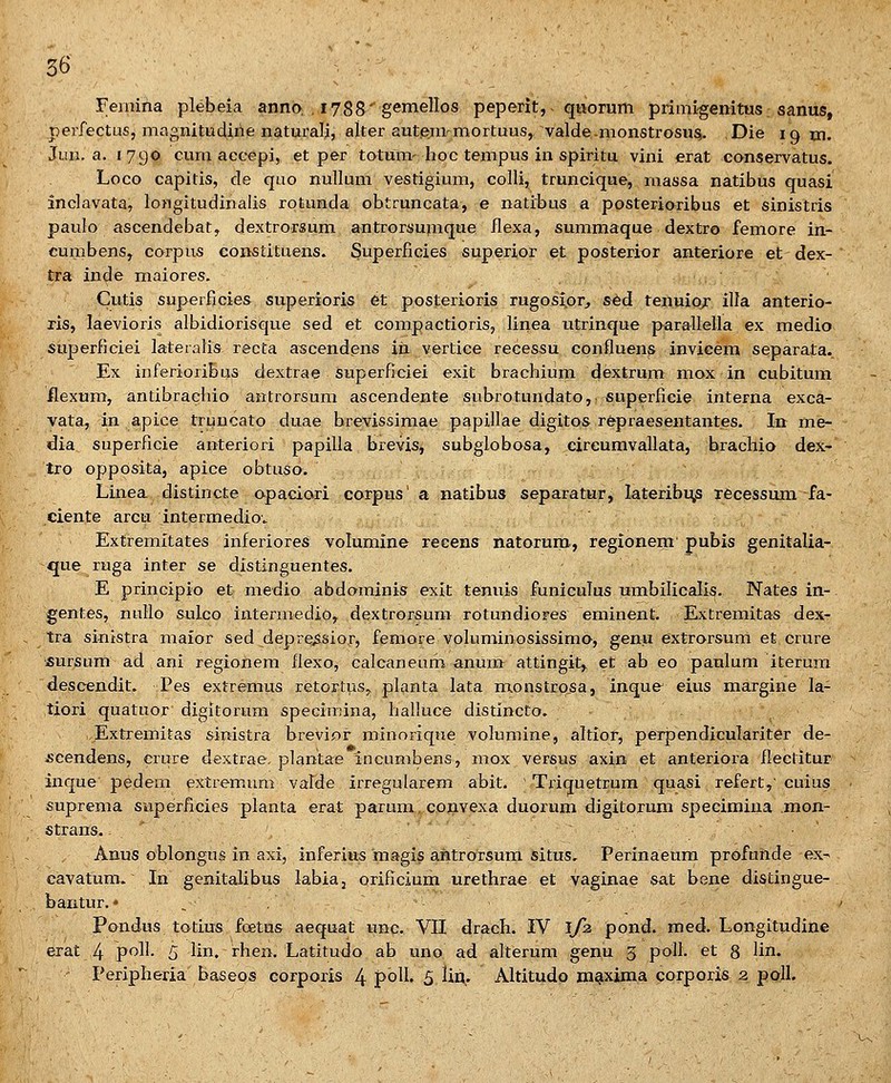 Feniina plebeia anno, . 1788'gemellos peperit, - quorum primigenitus sanus, perfectus, magnitudirie naturali, alter autftm-mortuus, valde.monstrosu^. Die 19 m. Juii. a. 1790 cura accepi^ et per totuni'hoc tempus in spiritu vini erat conservatus. Loco capitis, de quo nullum vestigium, colli, truncique, raassa natibus quasi inclavata, longitudinalis rotunda obtruncata, e natrbus a posterioribus et sinistris paulo ascendebat, dextrorsum antrorsujnque ilexa, summaque dextro femore in- cumbens, corpus eonstituens. Superficies superior et posterior anteriore et dex- tra inde maiores. Cutis superficies superioris et posterioris rugos\orj sed tenuioj illa anterio- ris, laevioris albidiorisque sed et compactioris, linea utrinque parallella ex medio superficiei lateralis recta ascendens in vertiee recessu confluens invicem separata. Ex inferioribus dextrae superficiei exit brachium dextrum mox in cubitum ilexum, antibrachio antrorsum ascendente subrotundato,. superficie interna exca- vata, in apice trimcato duae brevissimae papillae digitos repraesentantes. In me- dia superficie anteriori papilla brevis, subglobosa, cireumvallata, brachia dex- tro opposita, apice obtuso. Linea distincte opaciori corpus' a natibus separatur, Iateribu,s recessum fa- ciente arcu intermedio-. Extremitates inferiores volumine recens natoruro, regionem pubis genitalia- que ruga inter se distinguentes. E principio et medio abdominis exit tenuis funiculus umbilicalis. Nates in- gentes, nuHo sulco intermedio, dextrorsum rotundiores eminent. Extremitas dex- tra sintstra maior sed depre^sior, femore voluminosissimo, genu extrorsum et crure sursum ad ani regionera flexo, calcaneum anuin attingit, et ab eo paulum iterum descendit. Pes extremus retortus. planta lata monstrojsa, inque eius margine la- tiori quatuor digitorum specimina, halluce distincto. Extremitas sinistra brevior minorique volumine, altior, perpendiculariter de- ^cendens, erure dextrae, plantae Incumbens, mox versus axin et anteriora flectitur inque pedem extremum valde irregularem abit.  Triquetrum quasi refert, cuius suprema superficies planta erat parum, coiivexa duorum digitorum specimina mon- strans. ' ' ' . ■ Anus oblongus in axi, inferius magis antrorsum situs. Perinaeura profunde ex^ cavatum. In gemtalibus labiaj orificium urethrae et vaginae sat bene distingue- baiitur. • . Pondus totius foetus aequat unc. VII drach. IV l/a pond. med, Longitudine erat 4 'poll. 5 lin. rhen. Latitudo ab uno ad alterum genu 3 poll. et 8 fin. Peripheria baseos corporis 4 poW. 5 lin. Altitudo maxima corporis 2 poll.