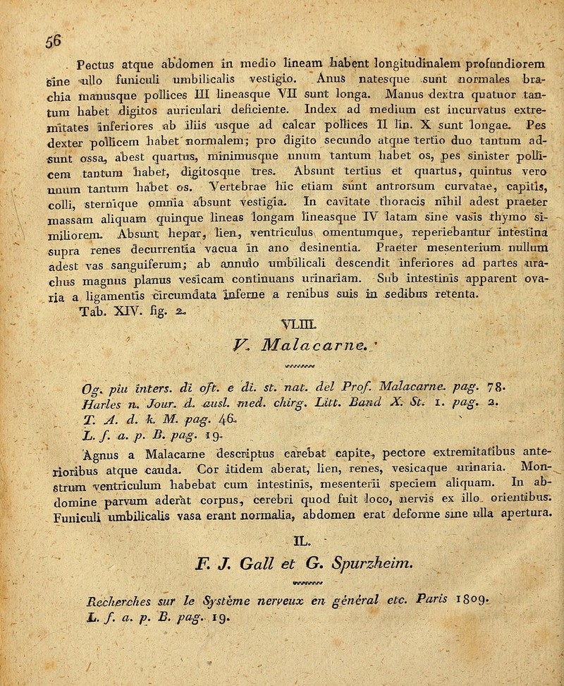 6S . Pectus atque abdomen in medio lineam ihabent longitudmalera profundiorem Sine -nllo funiculi umbilicalis vestigio. AnuS natesque sunt normales bra- chia mauusque pollices III lineasque VII sunt longa. Manus dextra quatuor taa- tura habet .digitos auriculari deficiente, Indjex ad medium est incurvatus extre- mitates inFeriores ftb iliis iisque ad calcar pollices II lin. X sunt longae. Pes dexter pollicem habfitnormalem; pro digito secundo atque tertio duo tantum ad- fiunt ossa, a^best quartus, minimxisque unum tantum habet os, pes sinister poUi- cera tantura liabet, digitosque tres, Absunt tertius et quartus, quintus vero imum tantum Iiabet os. Vertebra^ hic etiam snnt antrorsum curvatae, capitis, colli stermque pmriia absunt vestigia. In cavitate thoracis nihil adest praeter massam aliquam guinque lineas loiigam Tineasque IV iatam sine vasis thymo si- miliorera. Absunt hepaxj lien, ventriculus omentumque, Tepefiebantuf intestina supra xenes decurrentia vaeua in ano desinentia. Praeter mes.enterinm nuUum adest vas san^^uiferimi.; ab annitlo •umbilicali descendit inferiores ad partes iira^ chus maenus planus veslcam continuans urinariam. Sub intestinis apparent ova- ria a ligamentis circumdata infeme a renibus suis in Bedibus xetenta. Tab. XIV. fig. 2. - VLIIL /^ Malacariie, ' Og. piu inters. di oft. e di. st. nat. del Prof. Malacarne. pag. 78- Harles n. Jour.. d. ausL med. chirg. Litt. Band X. St^ i. pag. a. T. A. d. k. M. pag. 46^ L. f. a. p. B. pag. 19.^ Agnus a Malacarne desciiptus ea^rebat capite., p«ctore extremitatibus ante- rioribus atque cauda. Cor itidem aberat, lien, renes, vesicaque urinaria. Mon-. Strura 'ventiiculum habebat cum intestiriis, mesentefii speciem aliquam. In ab- domine parvmm aderat corpus-, c^rebri quod fuit 'loco, iiervis ex illo. orientibus. Funiculi timbilicalis vasa erant normalia, abdomen erat defomie sme uUa apertura. IL. F. X Gall et G. Spurzheim. Recherehes sur le Sfsteme nen>eux en general ete. Paris i8o9' L. f. a. p. B. pag.. 19.