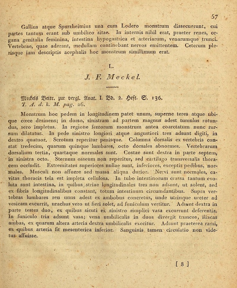 Gallius atque Spurzheimius uiia cum Lodero monstrum dissecuerunt, cui partes tantum erant sub umbilica sitae. In internis nihil erat, praeter renes, or- gana genitalia feminina, intestina hypogastrica et arteriarum, venarumque trunci. Vertebrae, quae aderant, medullam continebant nervos emittentem. Ceterum ple- risque iam descriptis acephalis hop monstrum simillimum erat. L. /. F. Meckel 5)3leifct^ ^eitv. juv fcergt. Sdiat I. St>, 2. .^eft. 0, 136, 1. A. d. k. M. pag. 26. Monstrum hoc pedem in longitudinem patet unum, superne teres atque ubi- que coece desinens; in dorso, sinistram ad partem magnus adest tumulus rotun- dus, sero impletus., In regione femorum monstruni antea coarctatum nunc rur- sura dilatatur._ In pede sinistro longiori atque angustiori tres adsunt digiti, in dextro quatuof. Scrotum reperitur penisque. Columna dorsalis ex vertebris con- stat tredecim, quarum quinque lumbares, octo dorsales abnormes. Vertebrariun dorsalium tertia, quartaque normales sunt. Costae sunt dextra in parte septem, in sinistra octo. Sternum osseum non reperitur, sed cartilago transversalis thora- cem occludit. Extremitates superiores nuUae sunt, iuferiores, exceptis pedibus, nor- males. Musculi non aifuere sed massa aliqua durior. 'Nervi sunt normcjles, ca- vitas thoracis tela est impleta cellulosa. In tubo intestinorum crassa tantum evo- luta sunt intestina, in quibus striae longitudinales tres non adsunt, ut solent, sed ex fibris longitudinalibus constant, totum intestinum circumdantibus. Supra ver- tebras lumbares ren unus adest ex ambobus concretus, unde utrinque ureter ad vesicam excurrit, urachus yero ut fieri solet, ad faniculum vertitur. Adsant dextra in parte testes duo, ex quibus sicuti ex sinistro simplici vasa excurrunt deferentia. In funiculo tria. adsunt vasa; vena umbilicalis in duos divergit truncos, iliacas ambas, ex quarum altera arteria dextra umbilicalis exoritur. Adsunt praeterea rarai, ex ^uibus arteria fit mesenterica inferior. Sanguinis tamen circulatio non vide- tm> aifuisse. - [ 8 ]