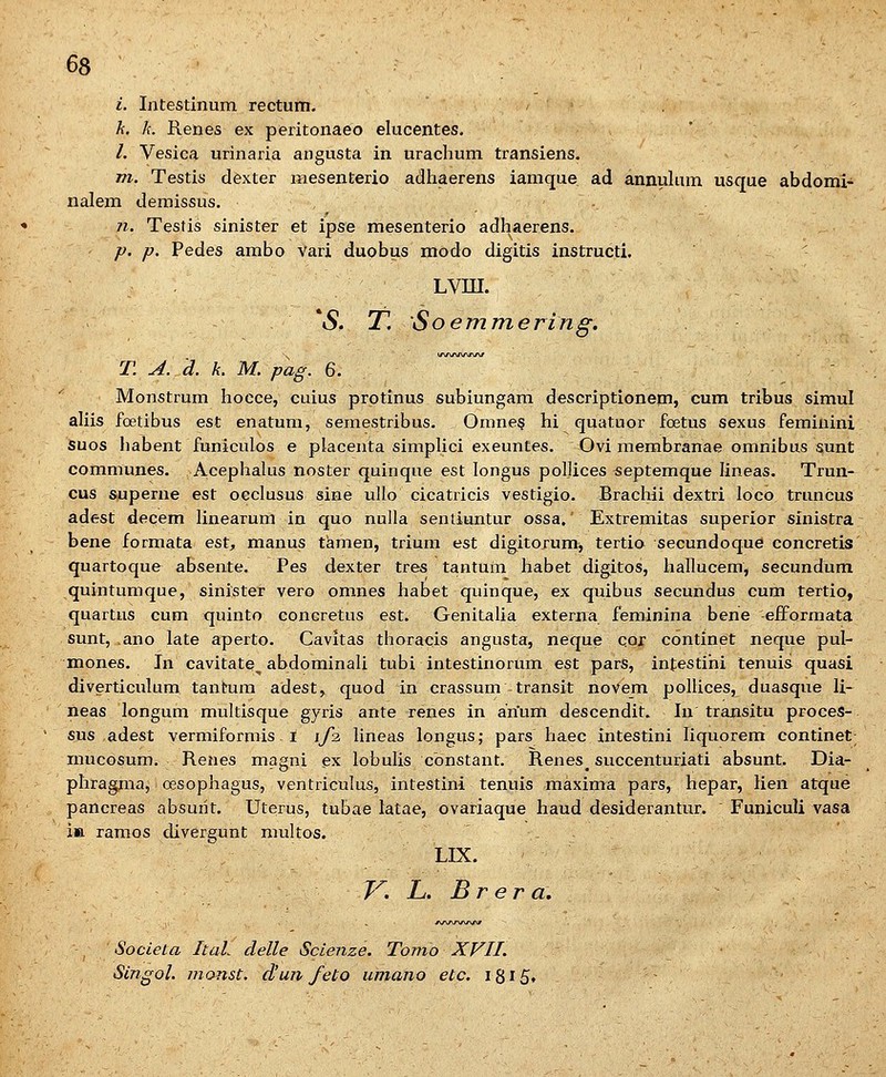 i. InCestlnum rectum. h, k. Renes ex peritonaeo elucentes. /. Vesica urinaria angusta in urachum transiens. m. Testis dexter mesenterio adhaerens iamque ad annukim usque abdomi- nalem demissus. 71. Testis sinister et ipse mesenterio adhaerens. p. p. Pedes ambo vari duobus modo digitis instructi. Lvni. 'tS. T. 'Soemmering. T. A. d. k. M. pag. 6. ' Monstrum hocce, cuius prptinus subiungara descriptionem, cum tribus simul aliis foetibus est enatum, semestribus. Omne§ hi quatuor foetus sexus femiuini suos habent funiculos e placenta simplici exeuntes. Ovi membranae omnibus sunt communes. Acephalus noster quinque est longus poljices septemque lineas. Trun- cus superne est oeclusus sine ullo cicatricis vestigio. Brachii dextri loco truncus adest decem linearum in quo nulla senliuntur ossa. Extremitas superior sinistra bene formata est, manus tamen, trium est digitorum, tertio secundoque concretis quartoque absente. Pes dexter tres tantuin habet digitos, hallucem, secundum quintumque, sinister vero omnes habet quinque, ex quibus secundus cum tertio, quartus cum quinto eoncretus est. Genitalia externa feminina berie -eiformata sunt, .ano late aperto. Cavitas thoraeis angusta, neque cor continet neque pul- mones. In cavitate^^ abdominali tubi intestinorum est parS, infestihi tenuis quasi diverticulum tantum adest, quod in crassum transit novem pollices, duasque li- neas longum multisque gyris ante renes in arium descendit. In transitu proces- sus adest vermiformis - 1 1/3 lineas longus; pars haec intestini liquorem continet- mucosum. Renes magni ex lobulis cbnstant. Renes^ succenturiati absunt. Dia- phragrna, oesophagus, ventriculus, intestini tenuis maxima pars, hepar, lien atque pancreas absurit. Uteirus, tubae latae, ovariaque haud desiderantur. Funiculi vasa i» ramos divergunt multos. LIX. V. L. B r e r a. Societa ItaL delle Sclenze. Tomo XVII. Slngol. monst. d'un feto umano etc. I8i5«