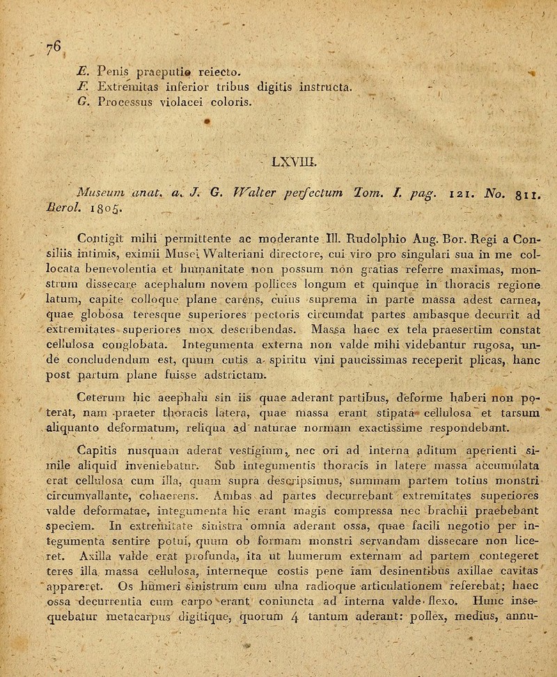 E. Penis praepati» reiecio. F. Extremitas inferior tribus digitis instmcta. G. Processus violacei coloris. LXVIII. Museum anat, a^ J. G. Pf^alter perfecium lom. I, pag. 121. No. 811. Berol. 1805. _ ~ -' , ' Contigit mihi permittente ac moderante 111. Riidolphio Aug. Bor. Regi a Con- siliis intimis, exirnii Musel Walteriani directore, cui viro pro singulari sua in me col- locata benevolentia et huinanitate non possum non gratias referre maximas, mon- strum dissecar.e acephalum novera pollices longum et quinque in thoracis regione latum, capite colloque plane carens, cuius suprema in parte massa adest carnea, quae globosa teresque superiores pectoris circumdat partes ambasque decurrit ad extremit^tes superiores mox. describendas. Mas.sa haec ex tela praesertim constat cellulosa eonglobata. Integumenta externa non valde mihi videbantur rugosa, un- de concludendum est, quum cutis a-spiritu vini paucissimas receperit plicas, hanc post partum plane fuis^e adstdctam. ' Ceterum hic aeephalu sin iis quae aderant partibus, deforme haberi non po- terat, nam -praeter thoracis latera, quae massa erant stipata'- cellulosa et tarsum. aliquanto deformatum, reliqua ad' naturae normam exactissime respondebant. Capitis nusquam aderat vestigium,^ nec ori ad interna aditum aperienti si- mile aliquid inveniebatur. Sub integumentis thoracls in latere massa accumulata erat cellulosa cum illa, quam supra, descripsimus, suramam partem totius monstri circumYallante, cohaerens. Arabas ad partes decmTebant extremitates superiores valde deformatae, integumenfa hic erant magis compressa nec brachii praebebant speciem. In extremitate sinistra omnia aderant ossa, quae facili negotio per in- tegumenta sentire potui, quum ob formam monstri servandam dissecare non lice- ret. Axilla valde.erat profunda, ita ut humerum externam ad partem contegeret teres illa. massa cellulosa, internequ.e costis pene iam desinentibus axillae cavitas appareret. Os hiimeri sinistrum cum ulna radioque articulationem referebat; haec ,ossa decurrentia eum earpo erant coniuncta ad interna valde-flexo. Hunc insa- quebatur metacarpus digitique, quorufn 4 tantura aderant: pollex, medius, annu-