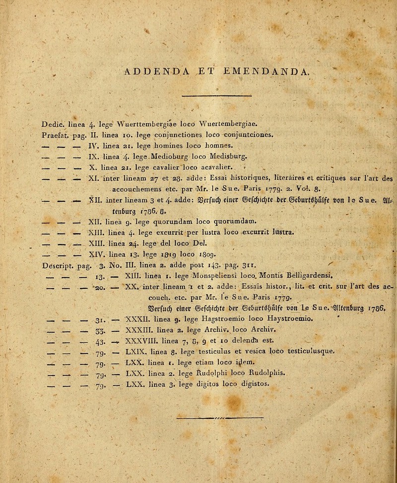 ADDENDA ET EMENDANDA. Dedic linea 4. lege Wuerttembergiae loco Wuertembergiae. Praefat. pag. II. linea 10. lege conjunctiones loco conjuntciones. — — lY. linea ai. lege homines loco liomnes. — — — IX. linea 4' lege.Medioburg loco Medisburg. — — — X. linea 21. lege cavalier loco acavalier. r , - — —. -i- XI. inter lineam 27 et 23. adde: Essai Jiistoiriques, litcraires et oritiques sur Tart des accouchemens etc. par Mr. le Sue. Paris 1779. 2. Vo4. g. — — .— Jfll. inter lineam 3 et 4. ad.de: aS.ctfud; tmt &tfti)id)te iit&ibwti^&lfi DOtt lo Sue. ^yl tenfiurg 1786.8* . ■ ,- — —- — XII. linea g. lege quorundam loco quorumdam. — —, XIII. linea 4. lege excurrit per lustra loco .excurrit lustra. -r- — — XIII. linea 24. lege del loco Del. — — — XIV. linea 13. lege ij^ig loco i8pg. Descript. pag. 3. No. III. Hnea 2. adde post 143. pag. 311. '^ _ _ 13. — XIII. linea r. lege Monspeliensi loco. Montis Beliigardensi* . .__ 'ao. —- XX. inter lineam i et 2. adde: Essais histor., lit. et crit. sur Tart des ac- coudi. etc. par Mr. le Sue. Paris 1779. SUetrfud) cincc ®cfcJ)td)te bit ©e6urtg^«lfe t>on^ls Sue.Mtinhw$ 1786, _ 31. — XXXII. linea g. lege Hagstroemio loco Haystroemio. ' 33. — XXXIII. linea 2. lege Archiv. loco Archiv. _ _^ 43. _» XXXVIII. linea 7, 8, 9 et 10 delend^ est. -jg. — LXIX. linea 8» lege testiculus et vesica loco testiculusque. _ 79. — LXX. linea i. lege etiam loco ij^lem. _» 79» — LXX. linea 2. lege Rudolphi loco Rudolphis.