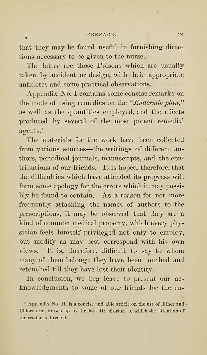 that they may be found useful in furnishing direc- tions necessary to be given to the nurse. The latter are those Poisons which are usually taken by accident or design, with their appropriate antidotes and some practical observations. Appendix No. I contains some concise remarks on the mode of using remedies on the Mndermicplan as well as the quantities employed, and the effects produced by several of the most potent remedial agents.1 The materials for the work have been collected from various sources—the writings of different au- thors, periodical journals, manuscripts, and the con- tributions of our friends. It is hoped, therefore, that the difficulties which have attended its progress will form some apology for the errors which it may possi- bly be found to contain. As a reason for not more frequently attaching the names of authors to the prescriptions, it may be observed that they are a kind of common medical property, which every phy- sician feels himself privileged not only to employ, but modify as may best correspond with his own views. It is, therefore, difficult to say to whom many of them belong: they have been touched and retouched till they have lost their identity. In conclusion, we beg leave to present our ac- knowledgments to some of our friends for the en- 1 Appendix No. II. is a concise and able article on the use of Ether and Chloroform, drawn up by the late Dr. Morton, to which the attention of the reader is directed.