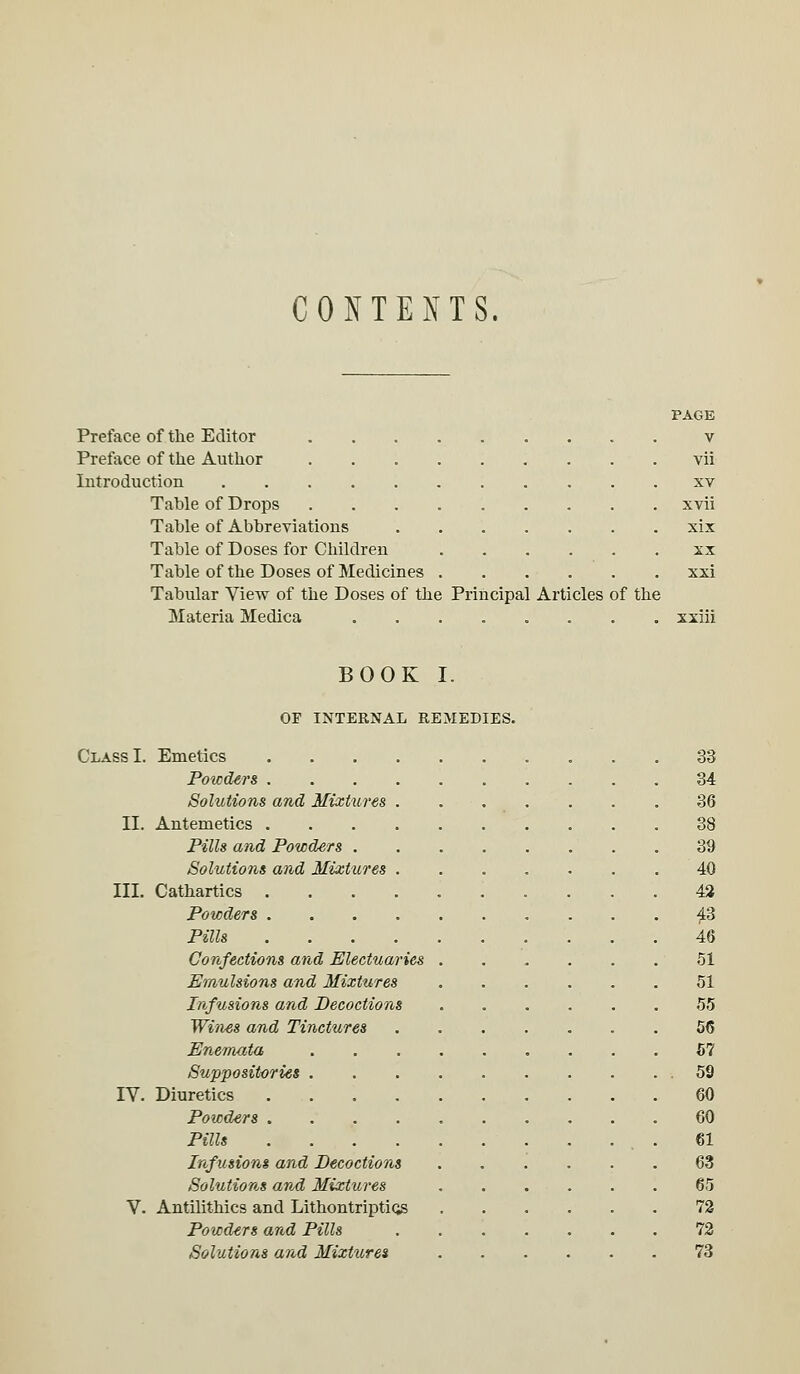 CONTENTS. PAGE Preface of the Editor v Preface of the Author vii Introduction xv Table of Drops xvii Table of Abbreviations xix Table of Doses for Children xx Table of the Doses of Medicines xxi Tabular View of the Doses of the Principal Articles of the Materia Medica ........ xxiii BOOK I. OF INTERNAL REMEDIES. Class I. Emetics .33 Powders 34 Solutions and Mixtures . . . . . . . 36 II. Antemetics 38 Pills and Powders 39 Solutions and Mixtures 40 III. Cathartics .......... 42 Powders 43 Pills 46 Confections and Electuaries ...... 51 Emulsions and Mixtures . 51 Infusions and Decoctions 55 Wines and Tinctures ....... 56 Enemata 57 Suppositories .59 IV. Diuretics 60 Powders 60 Pills 61 Profusions and Decoctions 63 Solutions and Mixtures 65 V. Antilithics and Lithontriptios 72 Powders and Pills 72 Solutions and Mixtures 73