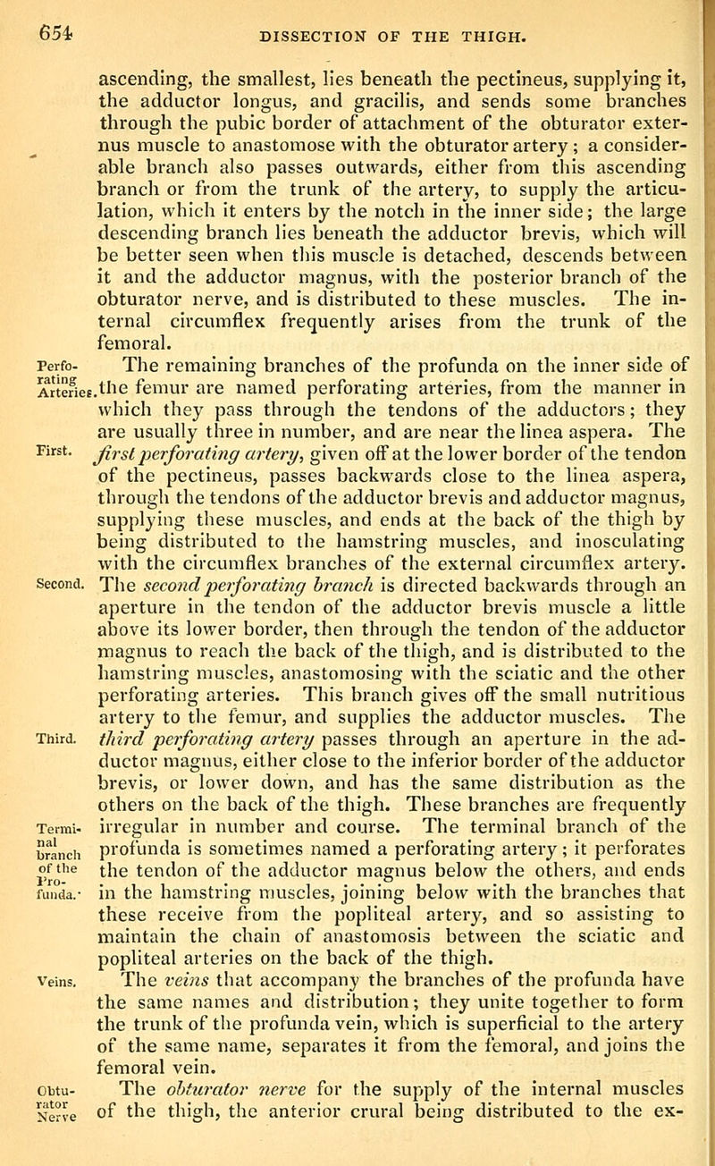 ascending, the smallest, lies beneath the pectineus, supplying it, the adductor longus, and gracilis, and sends some branches through the pubic border of attachment of the obturator exter- nus muscle to anastomose with the obturator artery; a consider- able branch also passes outwards, either from this ascending branch or from the trunk of the artery, to supply the articu- lation, which it enters by the notch in the inner side; the large descending branch lies beneath the adductor brevis, which will be better seen when this muscle is detached, descends between it and the adductor magnus, with the posterior branch of the obturator nerve, and is distributed to these muscles. The in- ternal circumflex frequently arises from the trunk of the femoral. Perfo- The remaining branches of the profunda on the inner side of Artefies.the femur are named perforating arteries, from the manner in which they pass through the tendons of the adductors; they ai-e usually three in number, and are near thelinea aspera. The First. Jirsl perforating artery, given off at the lower border of the tendon of the pectineus, passes backwards close to the linea aspera, through the tendons of the adductor brevis and adductor magnus, supplying these muscles, and ends at the back of the thigh by being distributed to the hamstring muscles, and inosculating with the circumflex branches of the external circumflex artery. Second. The second jjeiforating branch is directed backwards through an aperture in the tendon of the adductor brevis muscle a little above its lower border, then through the tendon of the adductor magnus to reach the back of the thigh, and is distributed to the hamstring muscles, anastomosing with the sciatic and the other perforating arteries. This branch gives off the small nutritious artery to the femur, and supplies the adductor muscles. The Third, third perforating artery passes through an aperture in the ad- ductor magnus, either close to the inferior border of the adductor brevis, or lower down, and has the same distribution as the others on the back of the thigh. These branches are frequently Termi- irregular in number and course. The terminal branch of the bmnch profunda is sometimes named a perforating artery; it perforates of the the tendon of the adductor magnus below the others, and ends funda.- in the hamstring muscles, joining below with the branches that these receive from the popliteal artery, and so assisting to maintain the chain of anastomosis between the sciatic and popliteal arteries on the back of the thigh. Veins, The veins that accompany the branches of the profunda have the same names and distribution; they unite together to form the trunk of the profunda vein, which is superficial to the artery of the same name, separates it from the femoi*al, and joins the femoral vein. obtu- The ohturator nerve for the supply of the internal muscles Nerve of the thigh, the anterior crural being distributed to the ex-