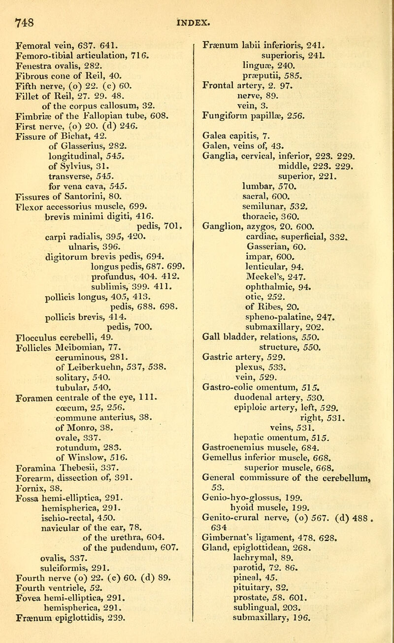 Femoral vein, 637. 641. Femoro-tibial articulation, 716. Fenestra ovalis, 282. Fibrous cone of Reil, 40. Fifth nerve, (o) 22. (c) 60. Fillet of Reil, 27. 29. 48. of the corpus callosum, 32. Fimbria of the Fallopian tube, 608. First nerve, (o) 20. (d) 246. Fissure of Bichat, 42. of Glasserius, 282. longitudinal, 545. of Sylvius, 31. transverse, 545. for vena cava, 545. Fissures of Santorini, 80. Flexor accessorius muscle, 699. brevis minimi digiti, 416. pedis, 701. carpi radialis, 395, 420. ulnaris, 396. digitorum brevis pedis, 694. longus pedis, 687. 699. profundus, 404. 412. sublimis, 399. 411. poUicis longus, 405, 413. pedis, 688. 698. poUicis brevis, 414. pedis, 700. Flocculus cerebelli, 49. Follicles Meibomian, 77. ceruminous, 281. of Leiberkuehn, 537, 538. solitary, 540. tubular, 540. Foramen centrale of the eye, 111. coecum, 25, 256. commune anterius, 38. of Monro, 38. ovale, 337. rotundum, 283. of Winslow, 516. Foramina Thebesii, 337. Forearm, dissection of, 391. Fornix, 38. Fossa hemi-elliptica, 291. hemispherica, 291. ischio-rectal, 450. navicular of the ear, 78. of the urethra, 604. of the pudendum, 607. ovalis, 337. sulciformis, 291. Fourth nerve (o) 22. (c) 60. (d) 89. Fourth ventricle, 52. Fovea hemi-elliptica, 291. hemispherica, 291. Fraenum epiglottidis, 239. Frsenum labii inferioris, 241. superioris, 241. lingu£E, 240. prasputii, 585. Frontal artery, 2. 97. nerve, 89. vein, 3. Fungiform papillee, 256. Galea capitis, 7. Galen, veins of, 43. Ganglia, cervical, inferior, 223. 229. middle, 223. 229. superior, 221. lumbar, 570. sacral, 600. semilunar, 532, thoracic, 360. Ganglion, azygos, 20. 600. cardiac, superficial, 332. Gasserian, 60. impar, 600. lenticular, 94. Meckel's, 247. ophthalmic, 94. otic, 252. of Kibes, 20. spheno-palatine, 247. submaxillary, 202. Gall bladder, relations, 550. structure, 550. Gastric artery, 529. plexus, 533. vein, 529. Gastro-colic omentum, 515. duodenal artery, 530. epiploic artery, left, 529. right, 531. veins, 531. hepatic omentum, 515. Gastrocnemius muscle, 684. Gemellus inferior muscle, 668. sviperior muscle, 668. General commissure of the cerebellunij 53. Genio-hyo-glossus, 199. hyoid muscle, 199. Genito-crural nerve, (o) 567. (d) 488 , 634 Gimbernat's ligament, 478. 628. Gland, epiglottidean, 268. lachrymal, 89. parotid, 72. 86. pineal, 45. pituitary, 32. prostate, 58. 601. sublingual, 203. submaxillary, 196.