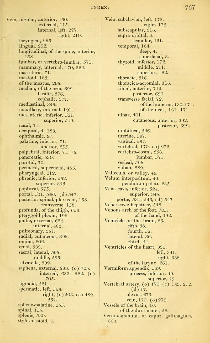 Vein, jugular, anterior, 160. external, 115. internal, left, 227. right, 210. laryngeal, 265. lingual, 202. longitudinal, of the spine, anterior, 158. lumbar, or vertebro-lumbar, 571. mammary, internal, 170, 324. masseteric, 71. mastoid, 183. of the meatus, 296. median, of the arm, 392. basilic, 376. cephalic, 377. mediastinal, 345. maxillary, internal, 191. mesenteric, inferior, 521. superior, 519. nasal, 71. occipital, 4. 183. ophthalmic, 97. palatine, inferior, 71. superior, 255. palpebral, inferior, 71. 76. pancreatic, 530. parotid, 70. perin£eal, superficial, 455. pharyngeal, 212. phrenic, inferior, 552. superior, 345. popliteal, 675. portal, 531. 546. (d) 547. posterior spinal, plexus of, 158. transverse, 158. profunda, of the thigh, 654. pterygoid plexus, 192. pudic, external, 624. internal, 463. pulmonary, 351. radial, cutaneous, 392. ranine, 202. renal, 533. sacral, lateral, 596. middle, 596. salvatella, 392. saphena, external, 683. (o) 705. internal, 633. 682. (o) 705. sigmoid, 521. spermatic, left, 554. right, (o) 503. (c) 489. 554. spheno-palatine, 255. spinal, 155. splenic, 530. stylo-mastoid, 4. Vein, subclavian, left, 173. right, 172. subscapular, 316. supra-orbital, 3. scapular, 131. temporal, 184. deep, 4. superficial, 3. thyroid, inferior, 172. middle, 211. superior, 182. thoracic, 316. thoracica-acromial, 316. tibial, anterior, 712. posterior, 690, transverse facial, 72. of the humerus, 130.171. of the neck, 131. 171. ulnar, 401. cutaneous, anterior, 392. posterior, 392. umbilical, 546. uterine, 597. vaginal, 597. vertebral, 170. (o) 272. vertebro-costal, 358. lumbar, 571. vesical, 596. vidian, 289. Vallecula, or valley, 49. Velum interpositum, 43. pendulum palati, 235. Vena cava, inferior, 524. superior, 345. portaB, 531. 546, (d) 547 Venae cavaa hepatica, 548. Venous arch of the foot, 705. of the hand, 392. Ventricles of the brain, 36. fifth, 38. fourth, 52. lateral, 36. third, 44. Ventricles of the heart, 335. left, 341. right, 338. of the larynx, 261. Vermiform appendix, 539. process, inferior, 49. superior, 49. Vertebral artery, (o) 170. (c) 143. 272. (d)17. plexus, 273. vein, 170. (o)272. Vessels of the brain, 16. of the dura mater, 58. Veruniontanum, or caput galllnaginis, 603.